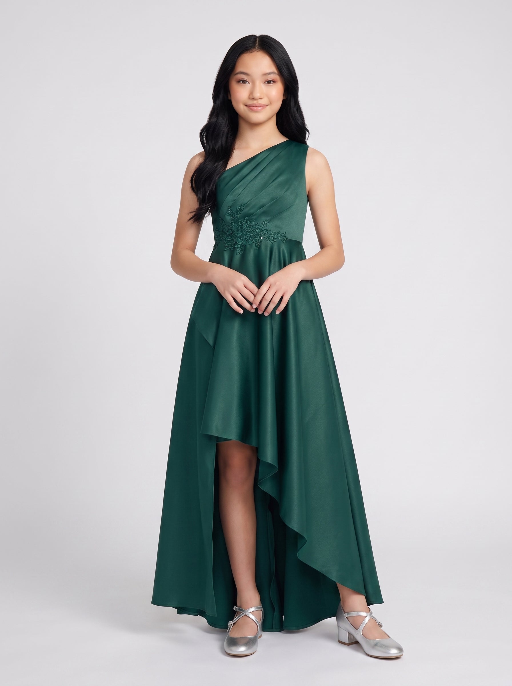 Emerald Satin A-Line One Shoulder Side Zip Short Dress with Pleated Bodice