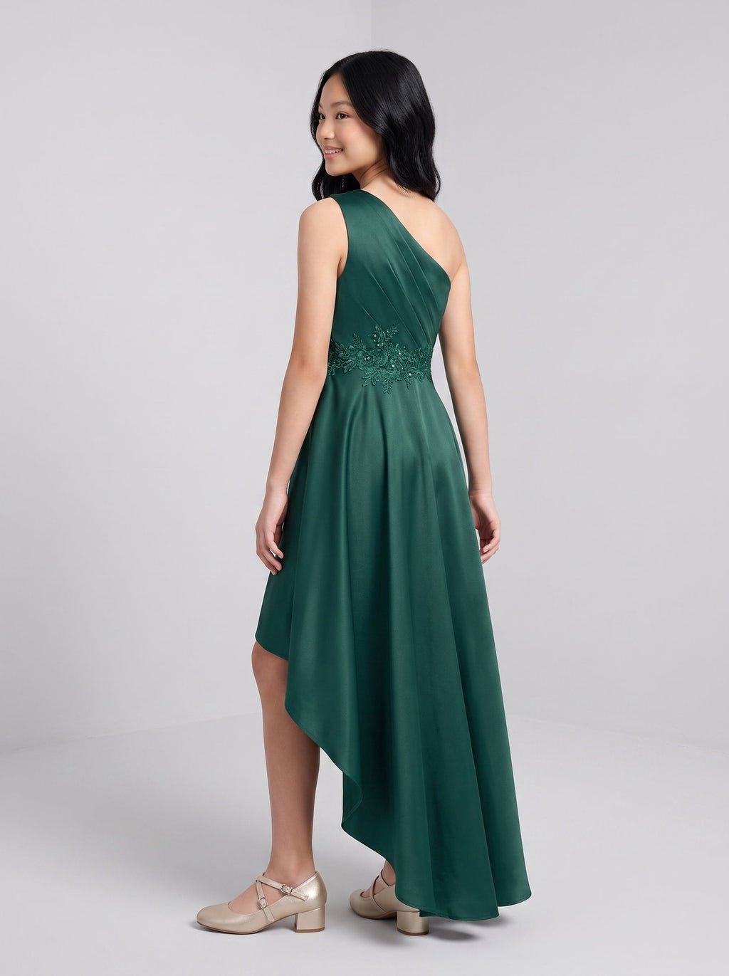 Emerald Satin A-Line One Shoulder Side Zip Short Dress with Pleated Bodice