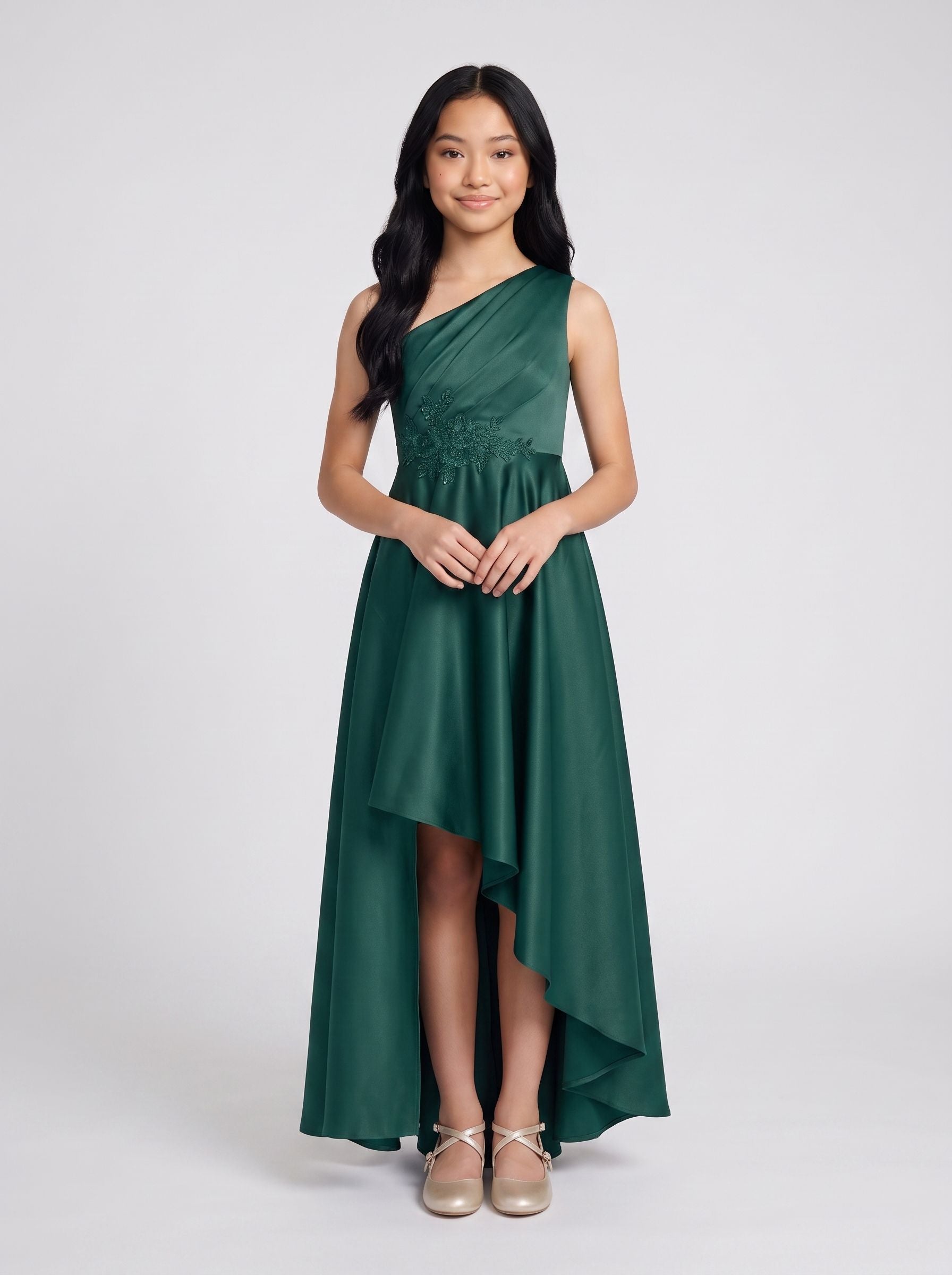 Emerald Satin A-Line One Shoulder Side Zip Short Dress with Pleated Bodice