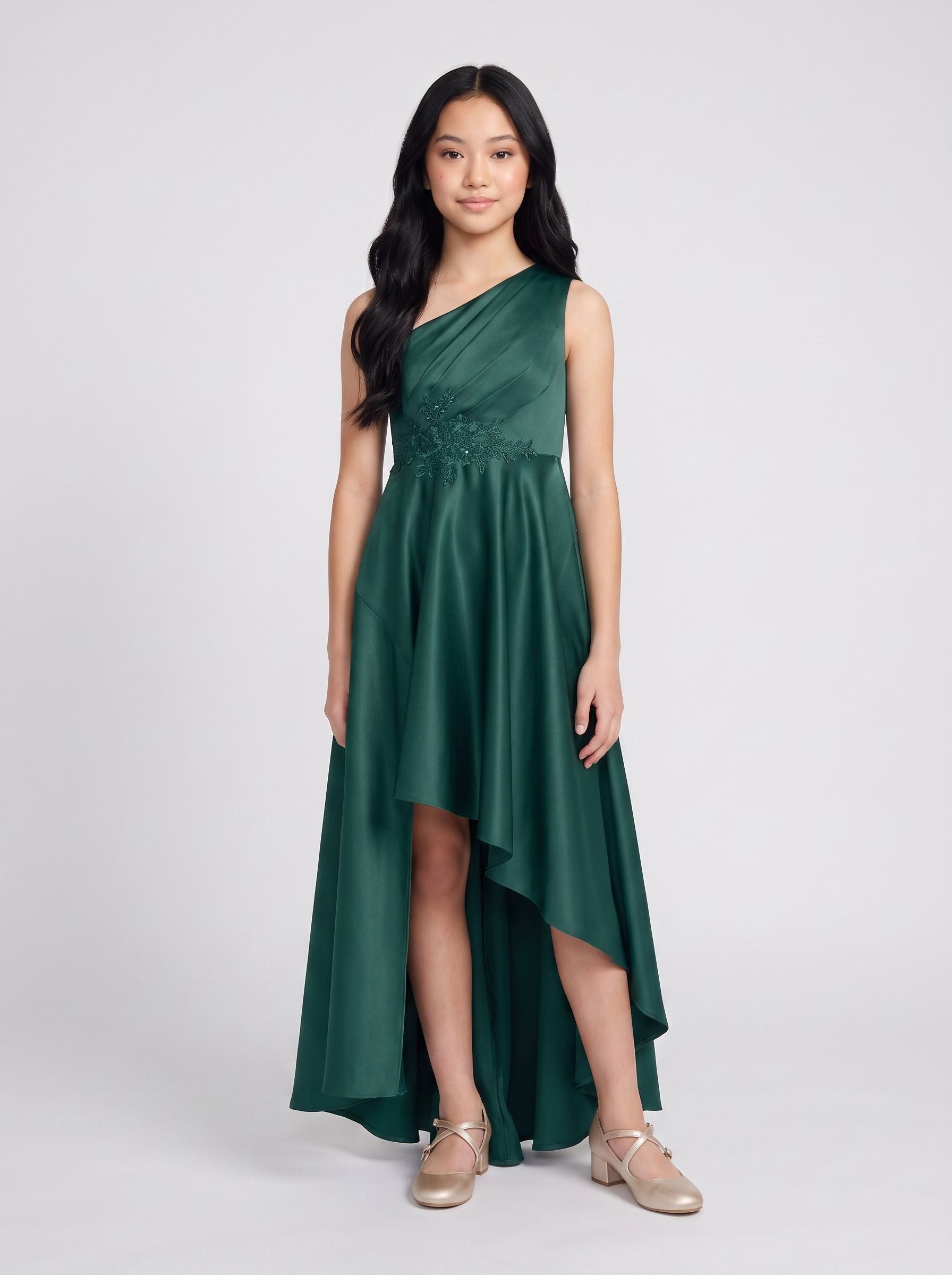 Emerald Satin A-Line One Shoulder Side Zip Short Dress with Pleated Bodice