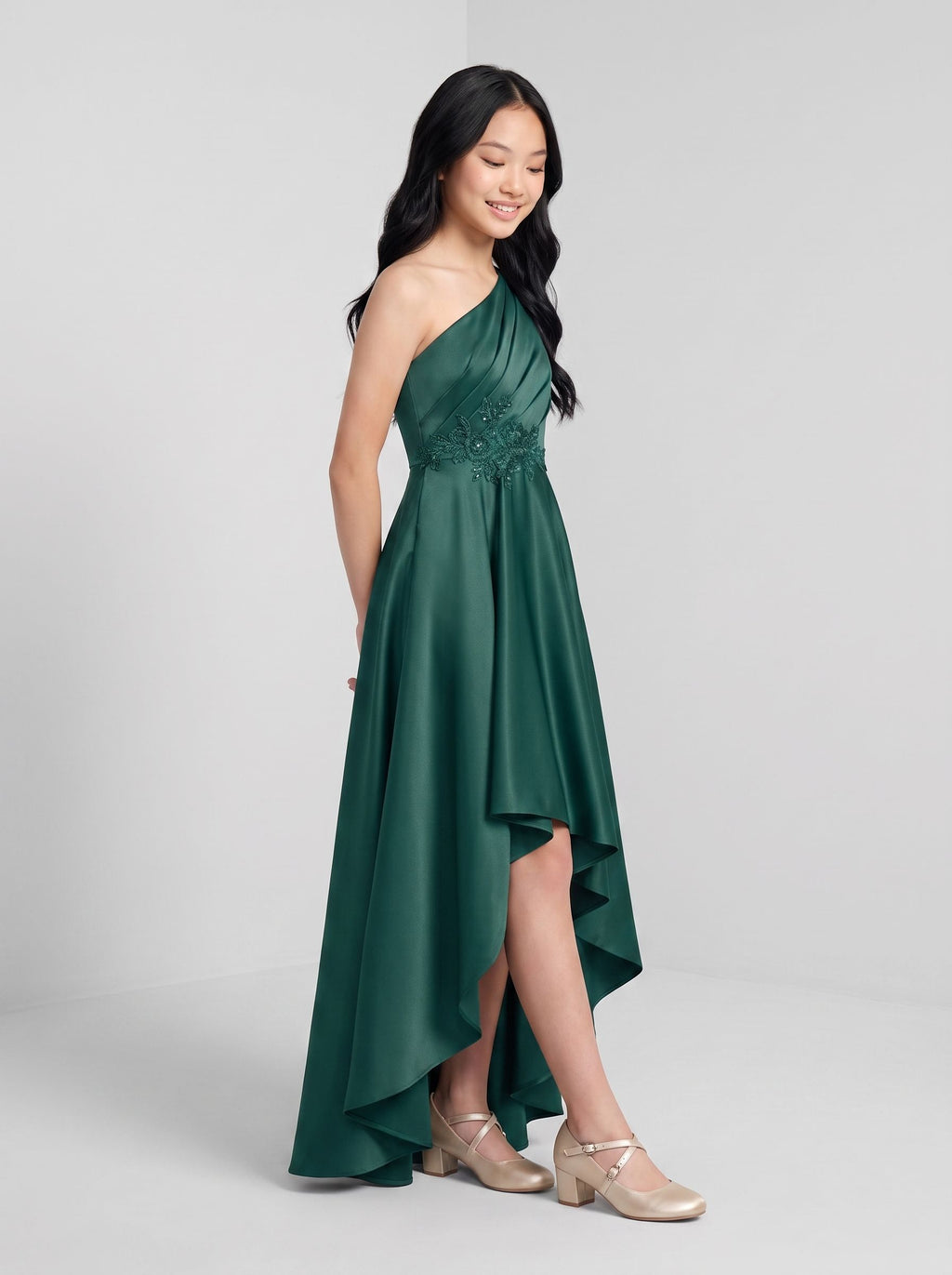 Emerald Satin A-Line One Shoulder Side Zip Short Dress with Pleated Bodice
