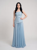Sky Blue Sequins A-Line Straight Neck Lace-up Floor-Length Dress with Thigh Slit