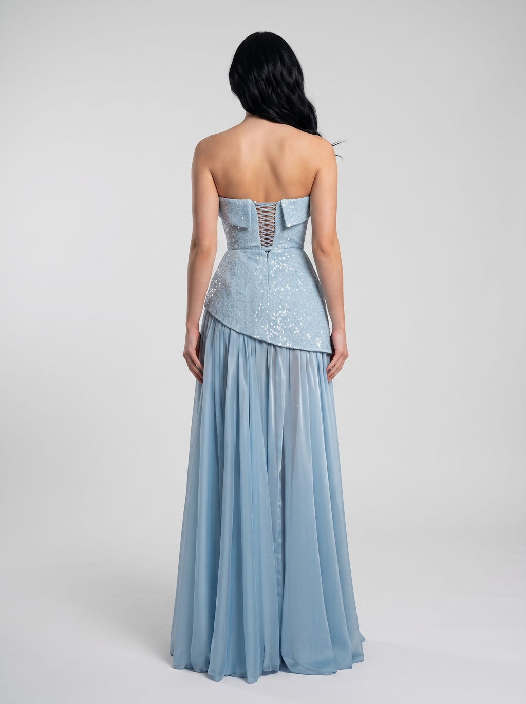 Sky Blue Sequins A-Line Straight Neck Lace-up Floor-Length Dress with Thigh Slit