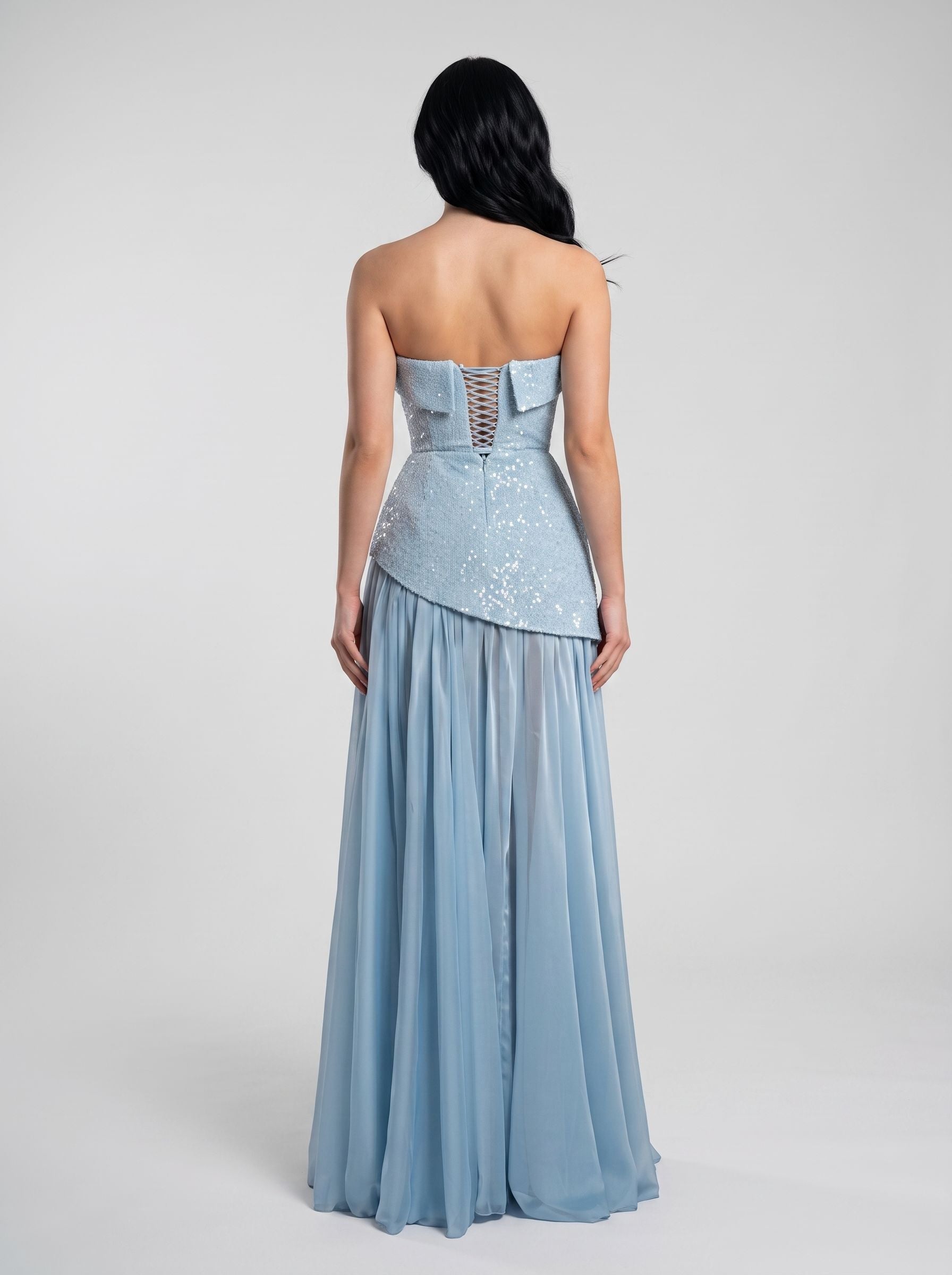 Sky Blue Sequins A-Line Straight Neck Lace-up Floor-Length Dress with Thigh Slit
