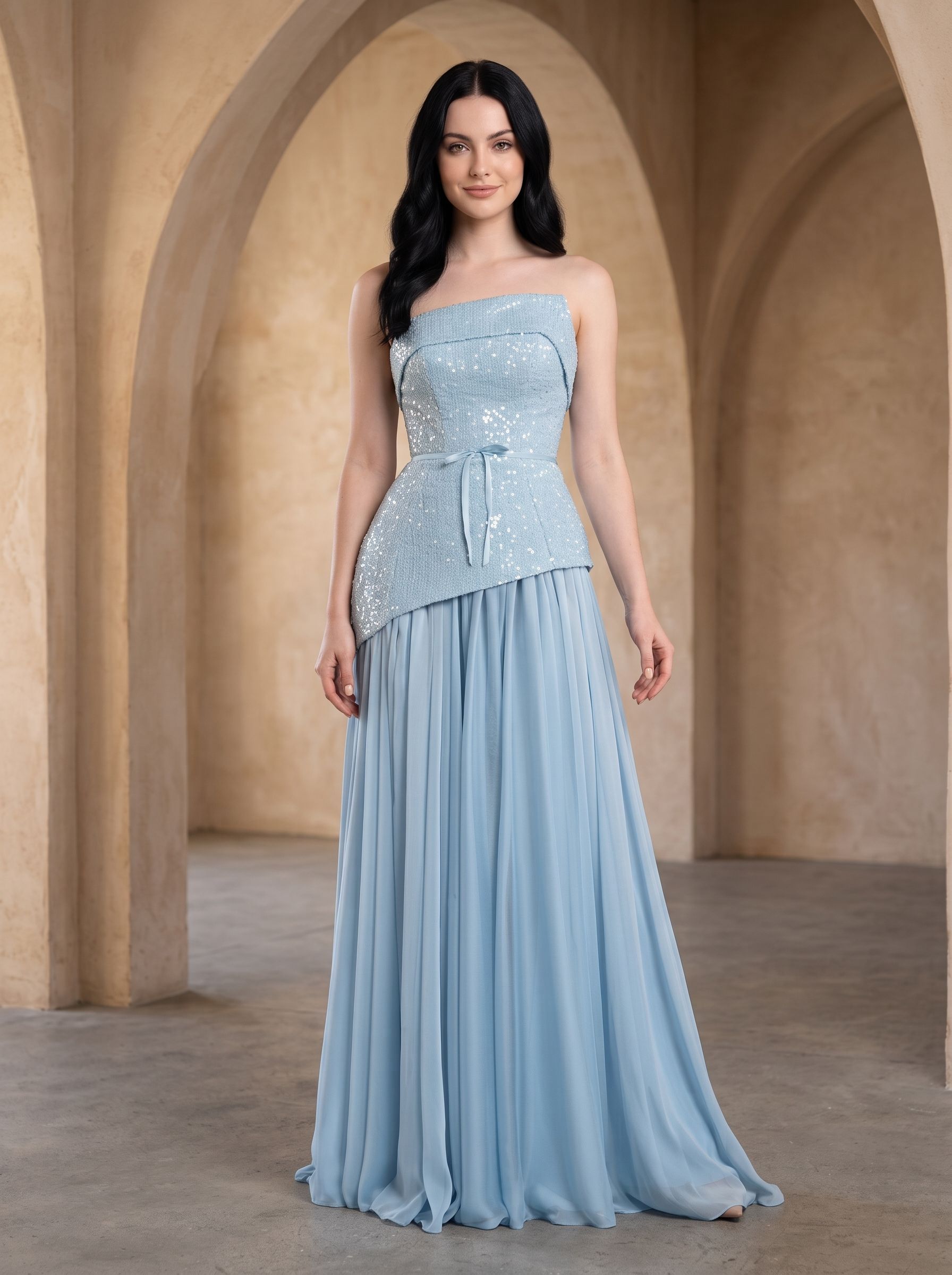 Sky Blue Sequins A-Line Straight Neck Lace-up Floor-Length Dress with Thigh Slit