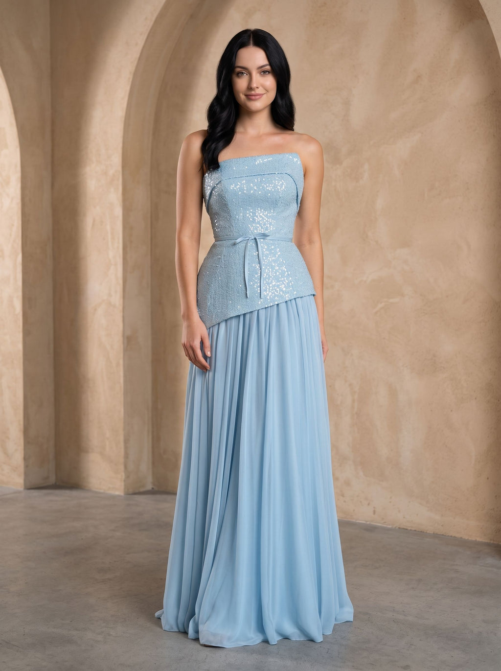 Sky Blue Sequins A-Line Straight Neck Lace-up Floor-Length Dress with Thigh Slit