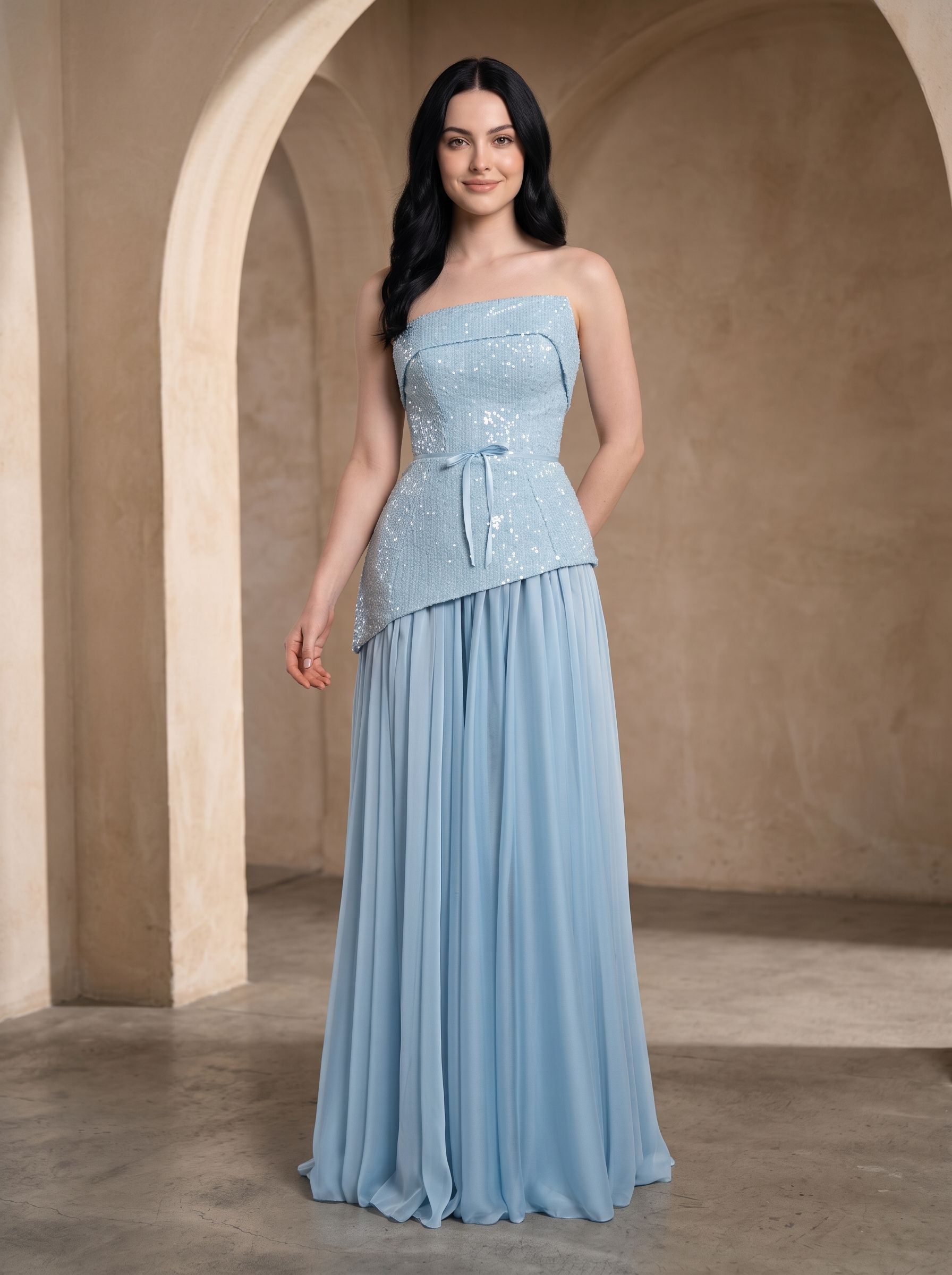 Sky Blue Sequins A-Line Straight Neck Lace-up Floor-Length Dress with Thigh Slit