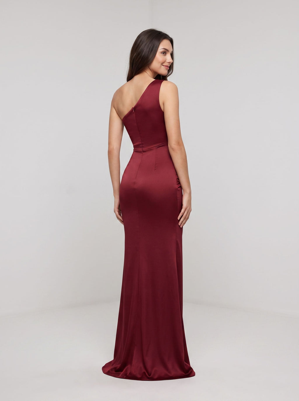 Burgundy Satin Mermaid One Shoulder Back Zip Floor-Length Dress with Ruched Bodice