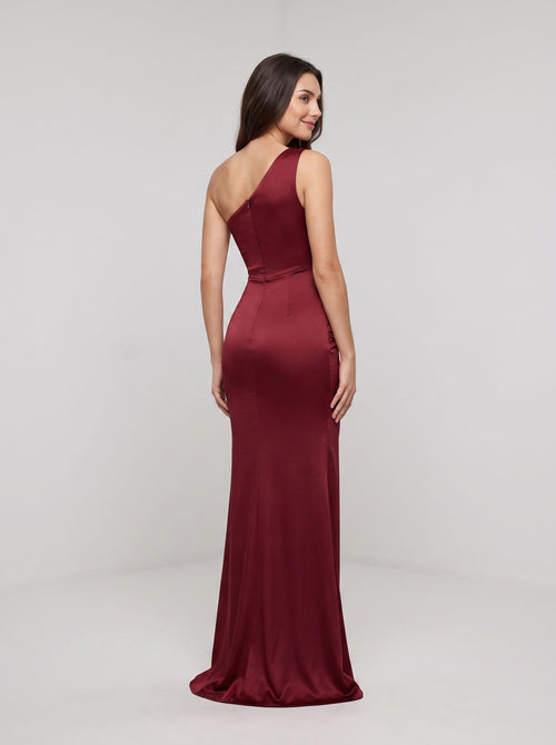 Burgundy Satin Mermaid One Shoulder Back Zip Floor-Length Dress with Ruched Bodice
