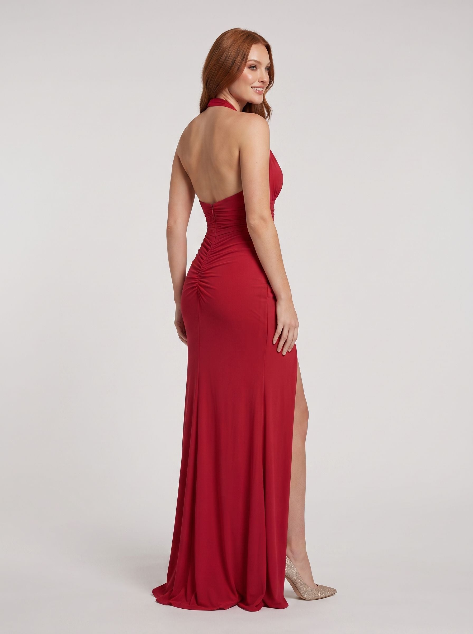  Red Stretch Knit Sheath/column Halter neckline Backless Floor-Length Dress with Slit