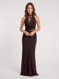 Mocha Chiffon Sheath Halter neckline Illusion Floor-Length Dress with Lace Panels