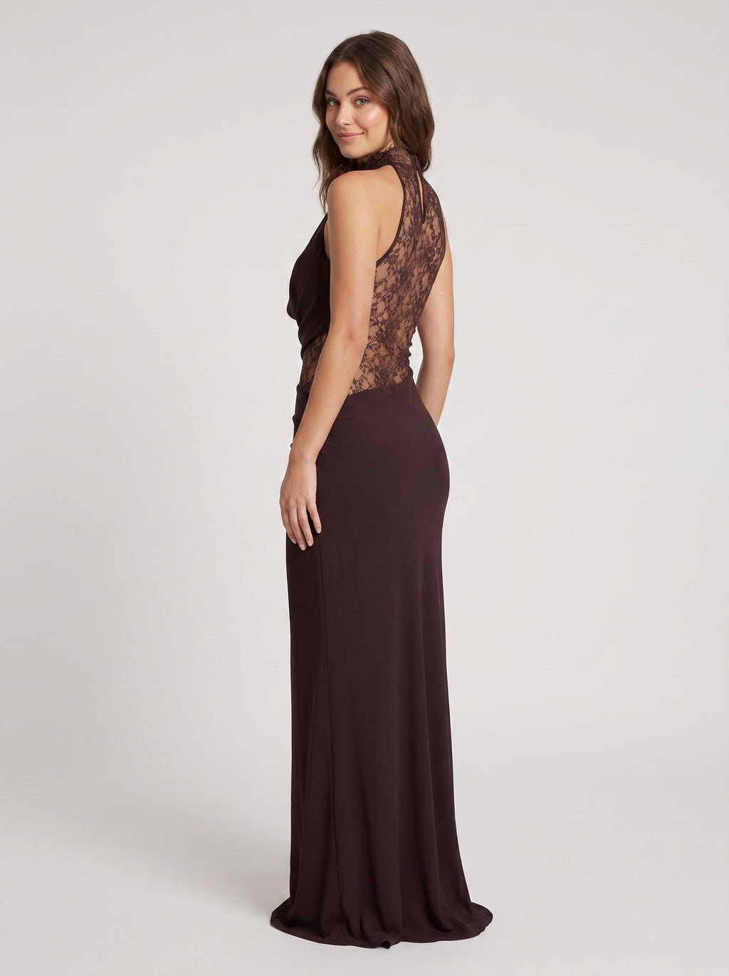 Mocha Chiffon Sheath Halter neckline Illusion Floor-Length Dress with Lace Panels