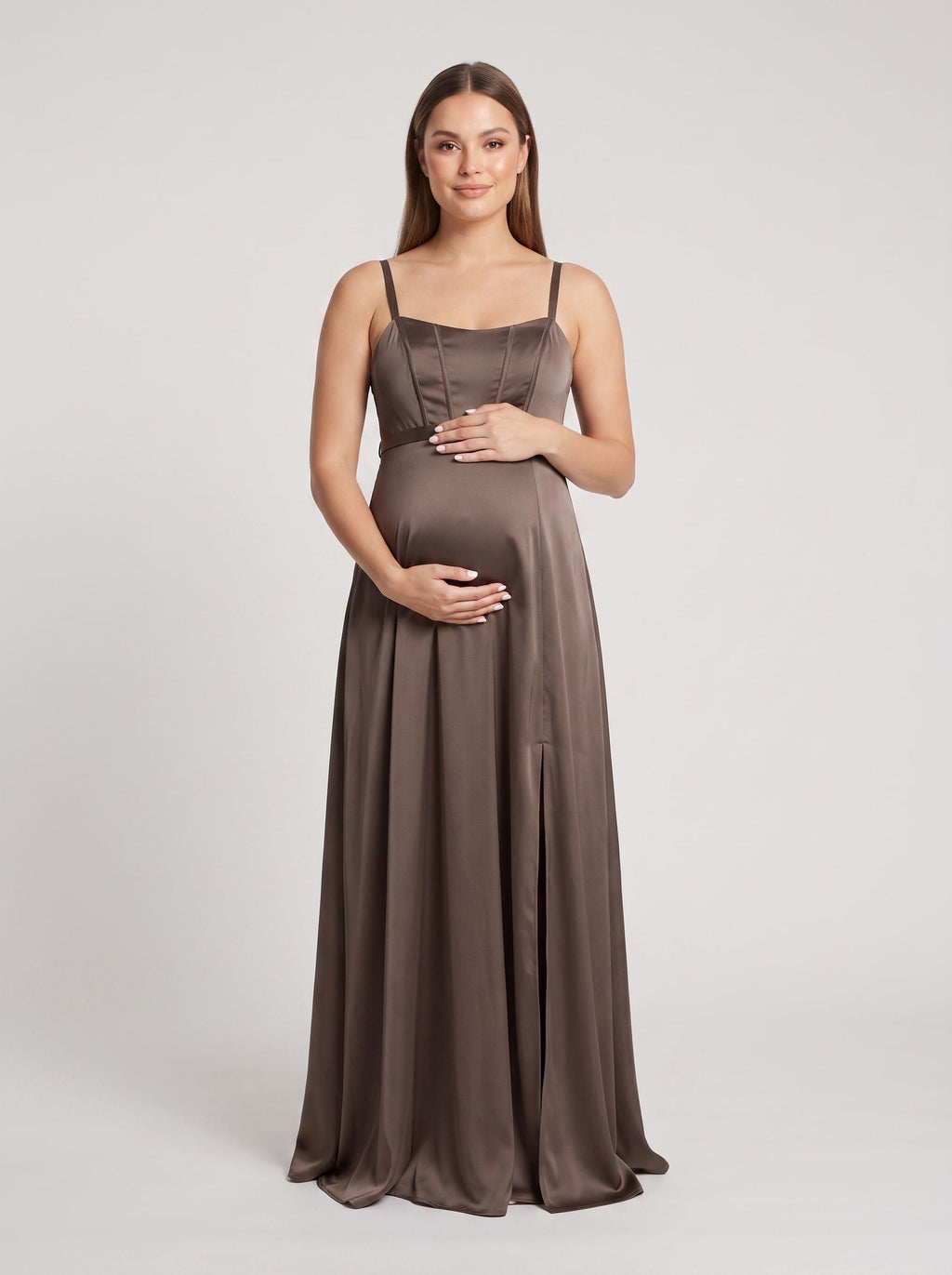 Espresso Satin A-Line Square Neck Side Zip Floor-Length Dress with Front Slit