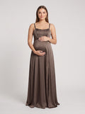 Espresso Satin A-Line Square Neck Side Zip Floor-Length Dress with Front Slit