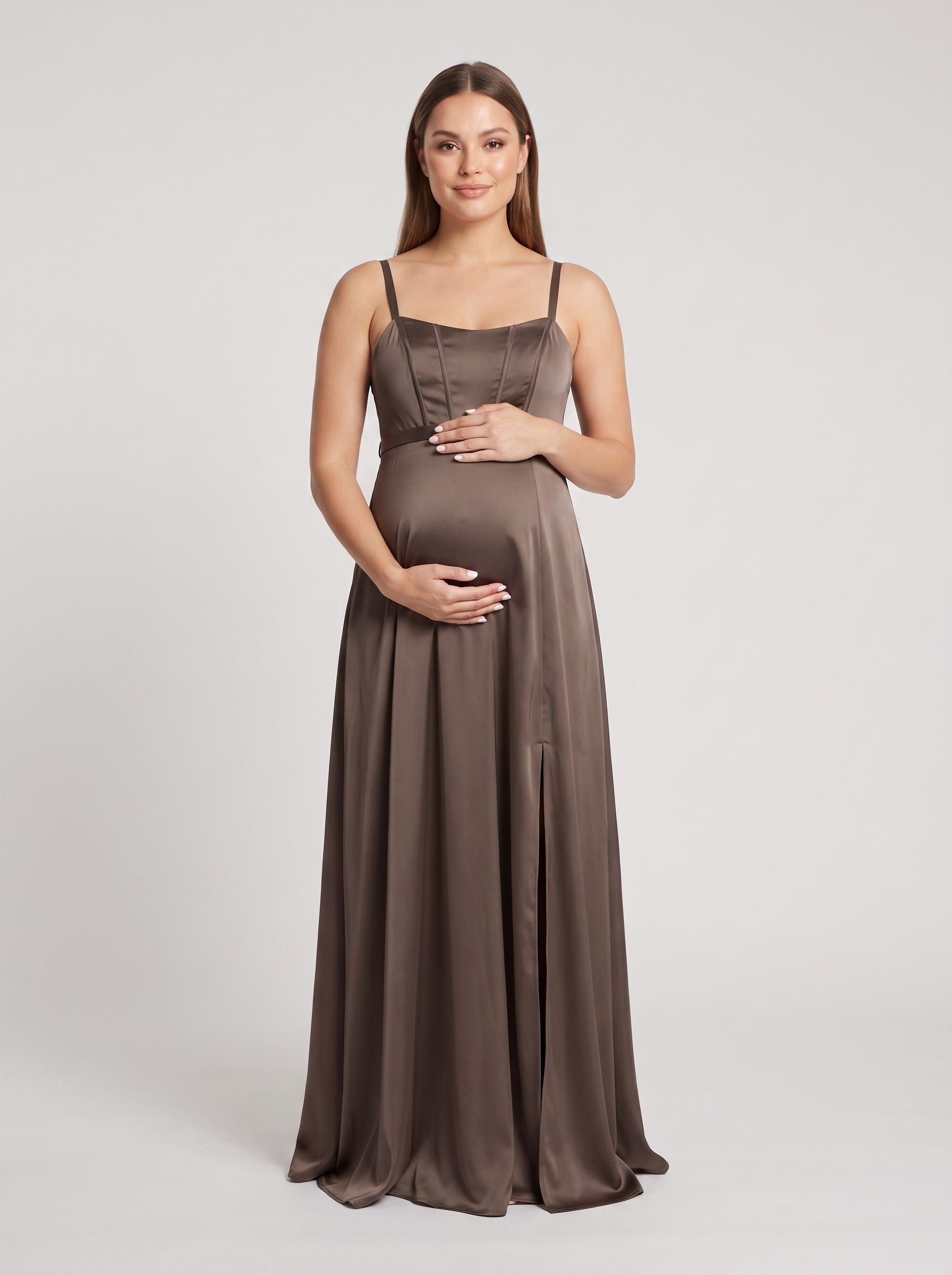 Espresso Satin A-Line Square Neck Side Zip Floor-Length Dress with Front Slit