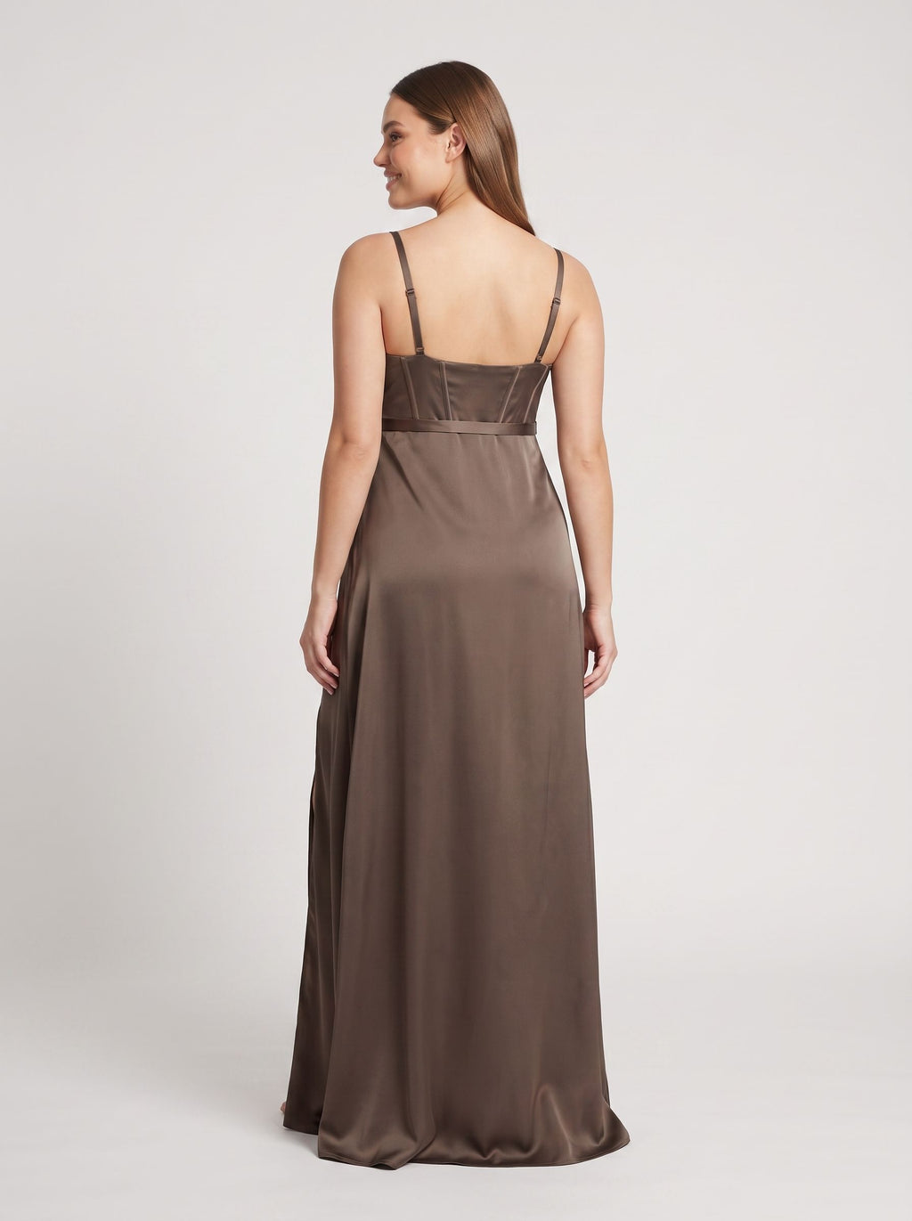 Espresso Satin A-Line Square Neck Side Zip Floor-Length Dress with Front Slit