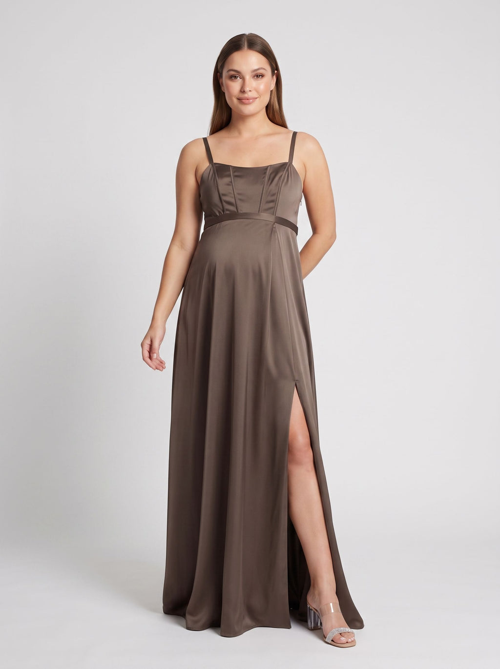 Espresso Satin A-Line Square Neck Side Zip Floor-Length Dress with Front Slit