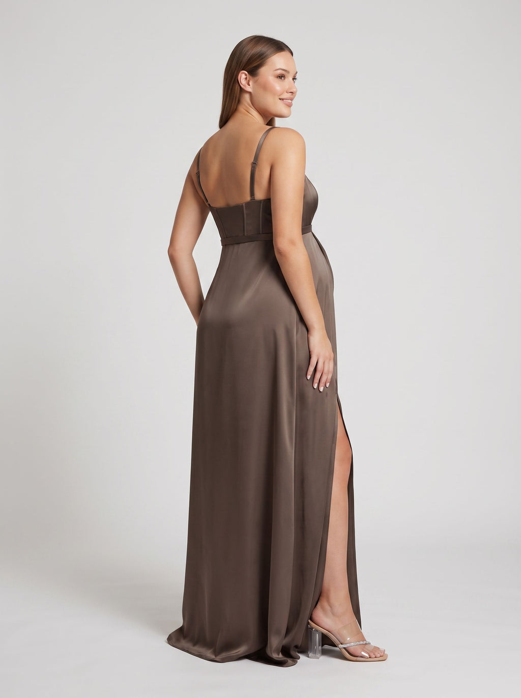 Espresso Satin A-Line Square Neck Side Zip Floor-Length Dress with Front Slit
