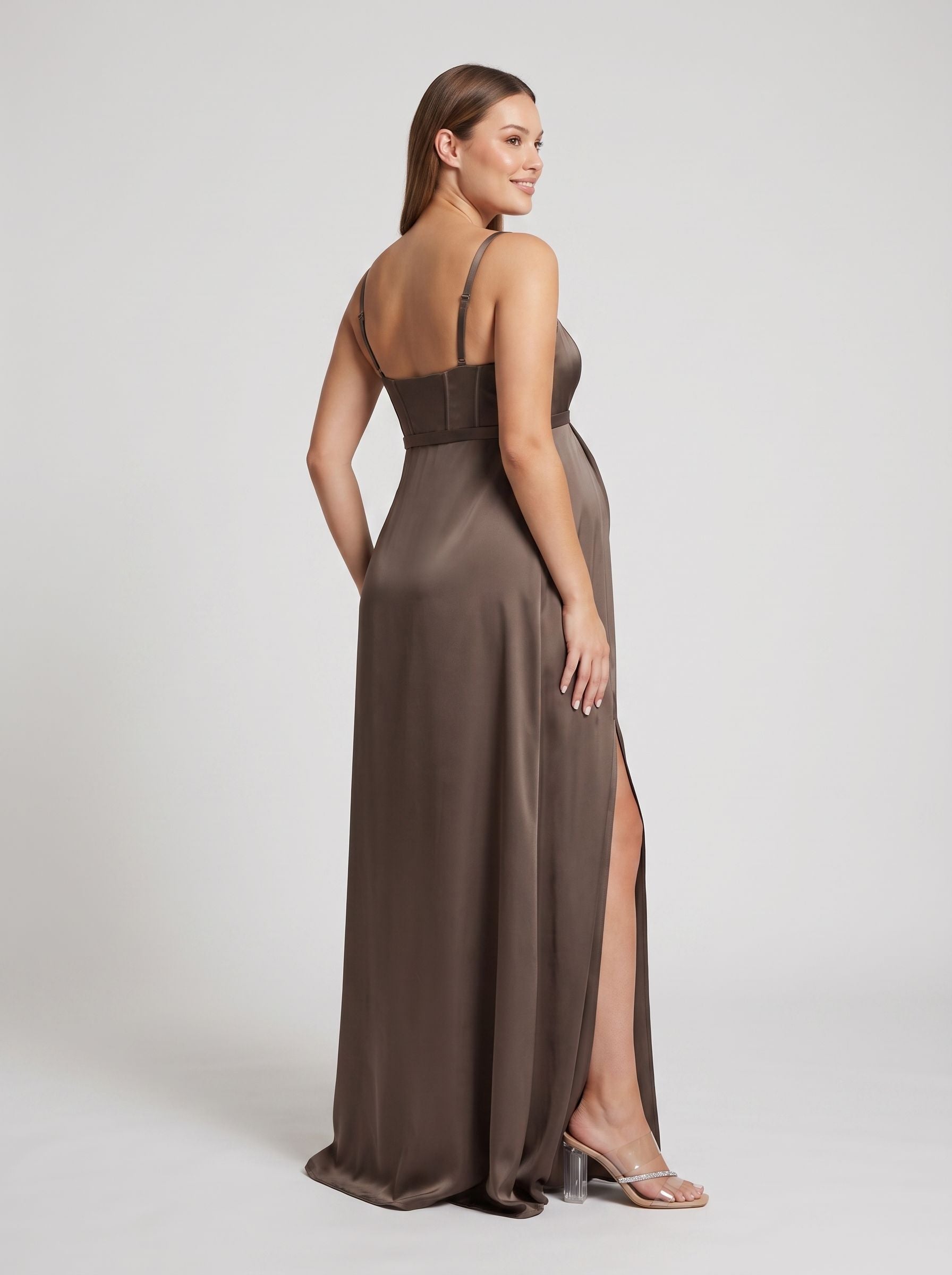 Espresso Satin A-Line Square Neck Side Zip Floor-Length Dress with Front Slit