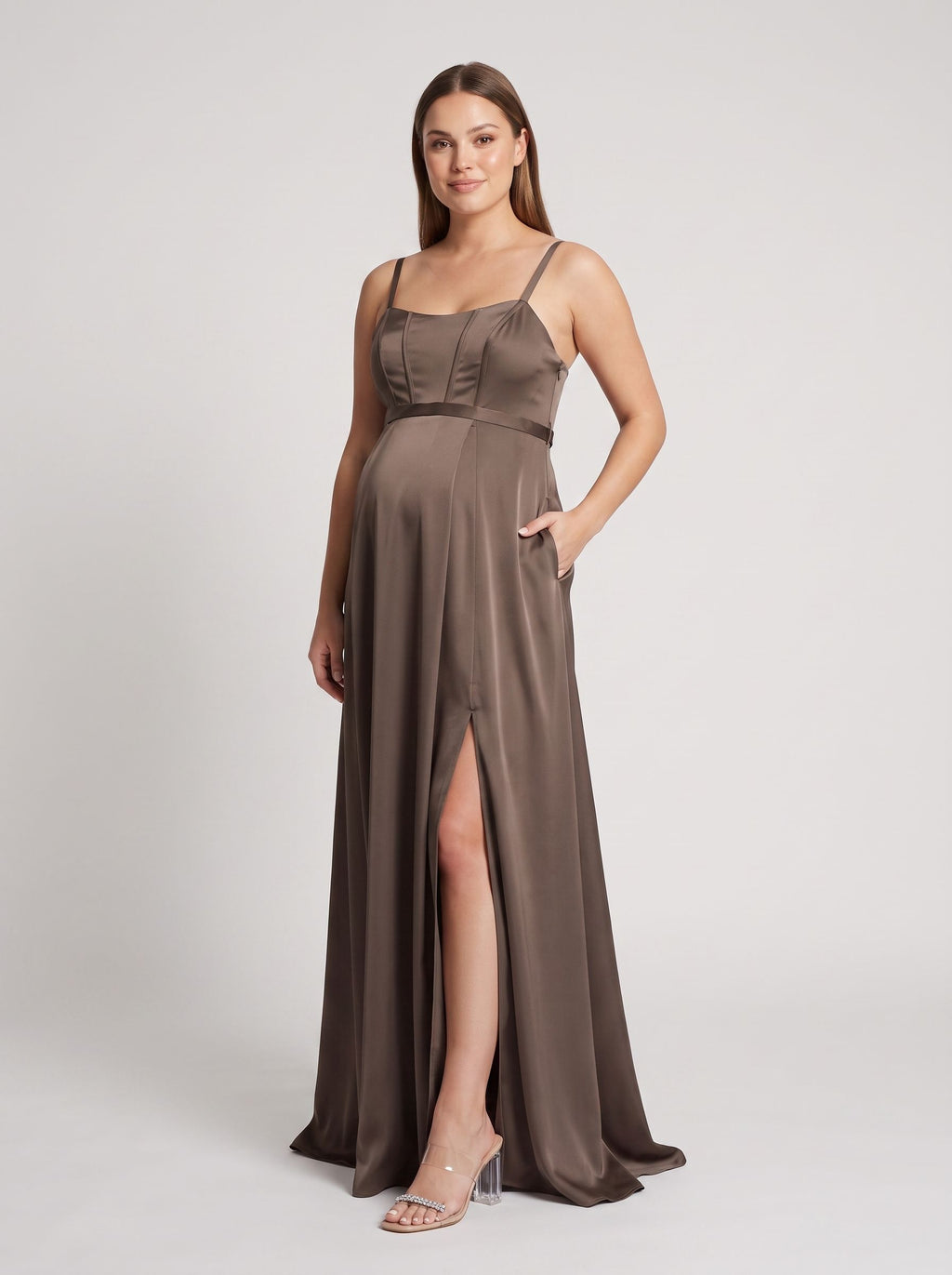 Espresso Satin A-Line Square Neck Side Zip Floor-Length Dress with Front Slit