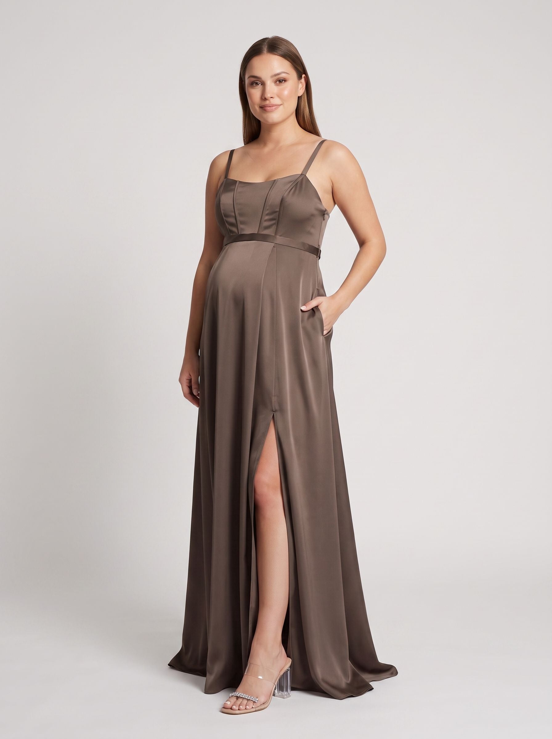 Espresso Satin A-Line Square Neck Side Zip Floor-Length Dress with Front Slit