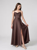 Espresso Satin A-Line Sweetheart Back Zip Floor-Length Dress with Pleated Bodice