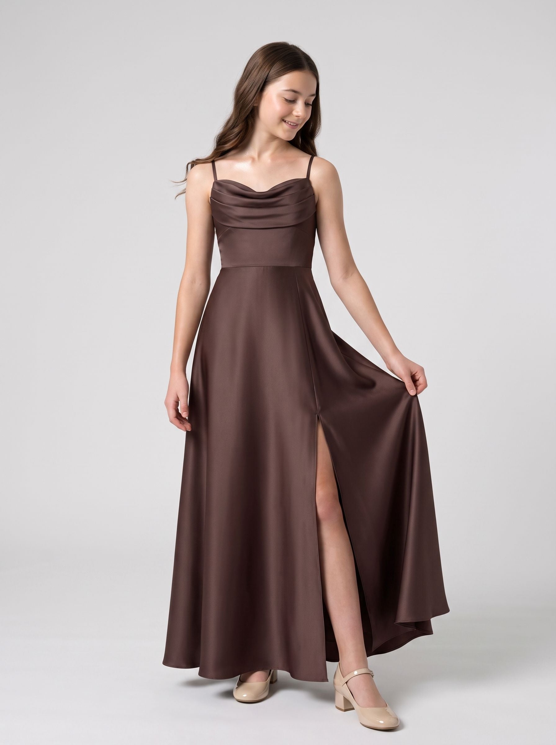 Espresso Satin A-Line Sweetheart Back Zip Floor-Length Dress with Pleated Bodice