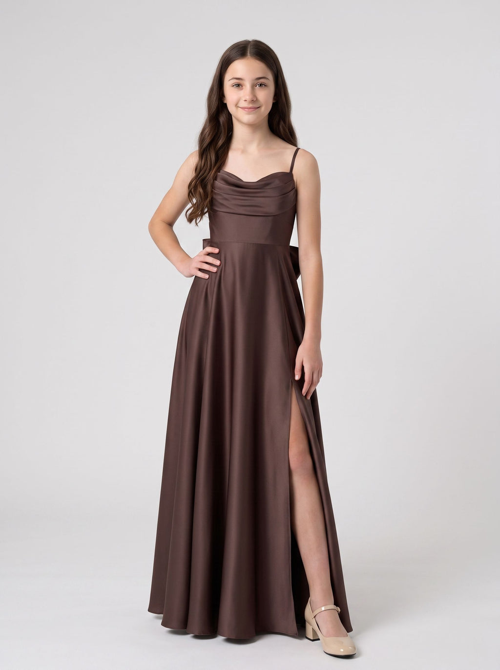Espresso Satin A-Line Sweetheart Back Zip Floor-Length Dress with Pleated Bodice