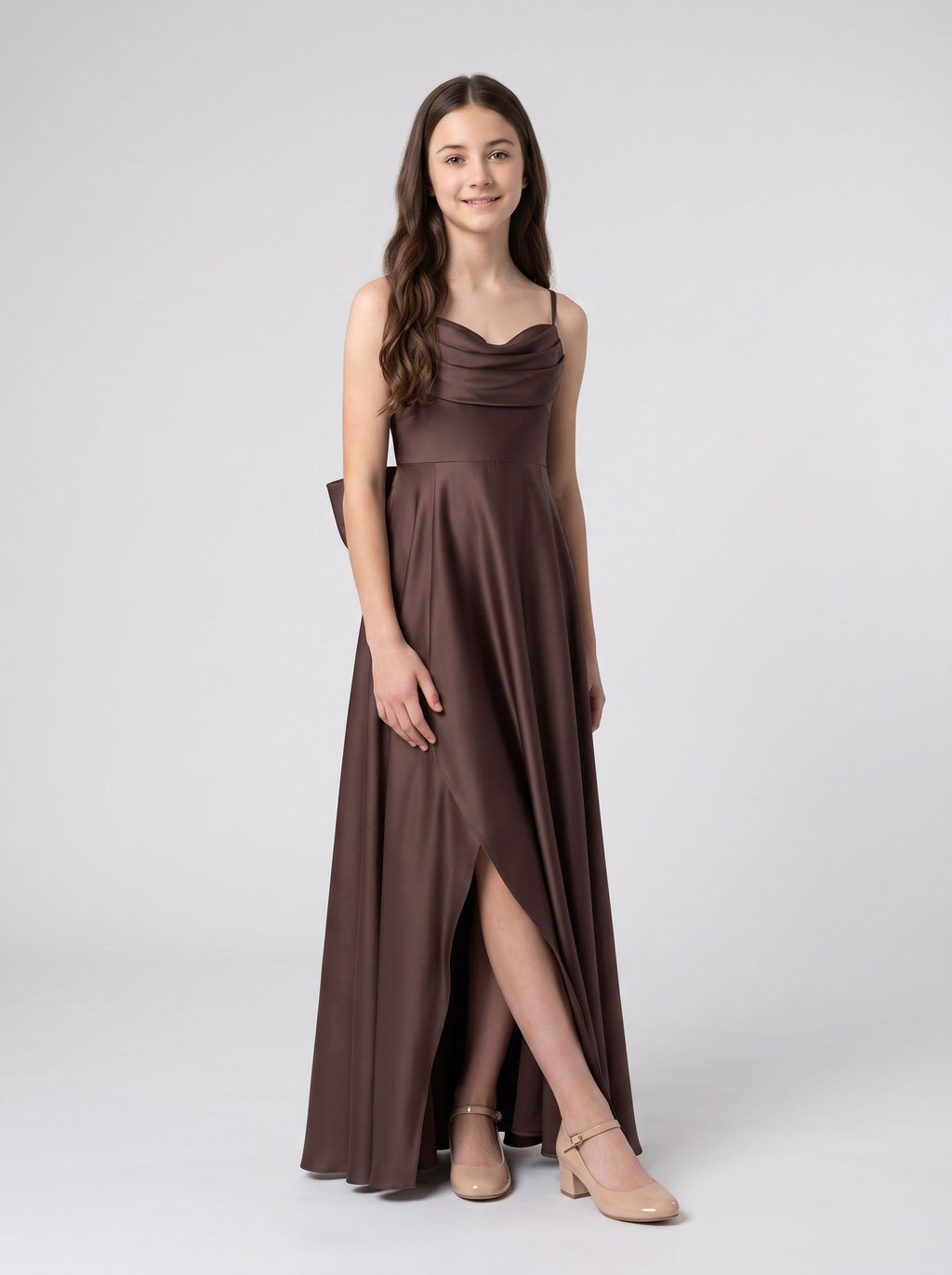Espresso Satin A-Line Sweetheart Back Zip Floor-Length Dress with Pleated Bodice