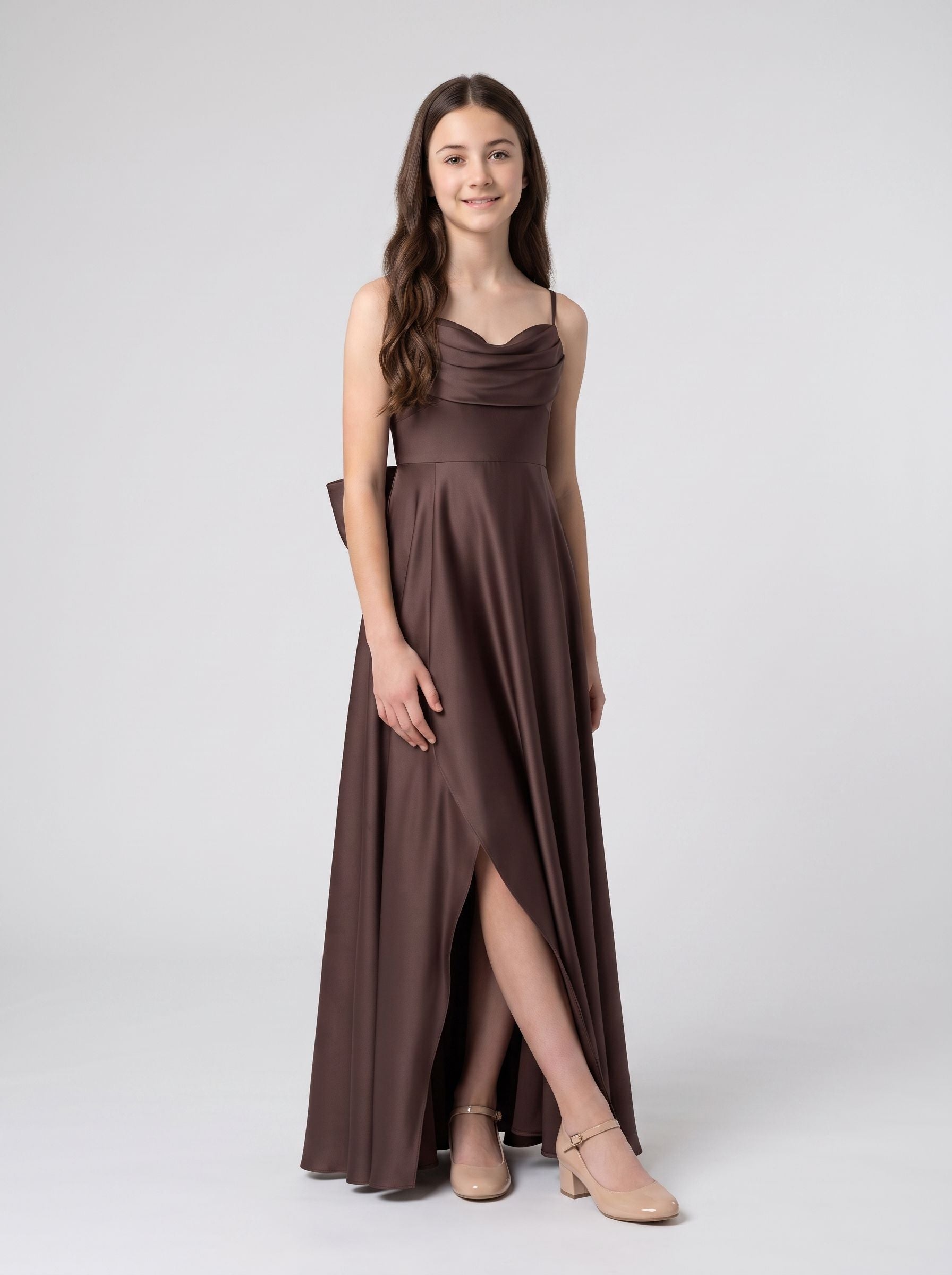 Espresso Satin A-Line Sweetheart Back Zip Floor-Length Dress with Pleated Bodice
