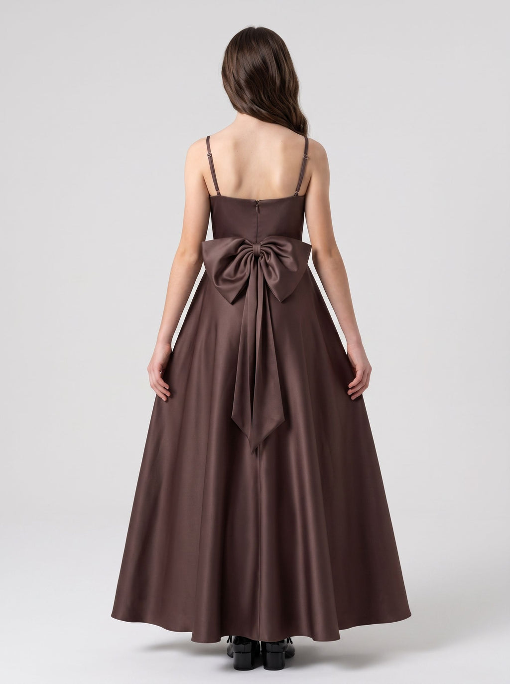 Espresso Satin A-Line Sweetheart Back Zip Floor-Length Dress with Pleated Bodice