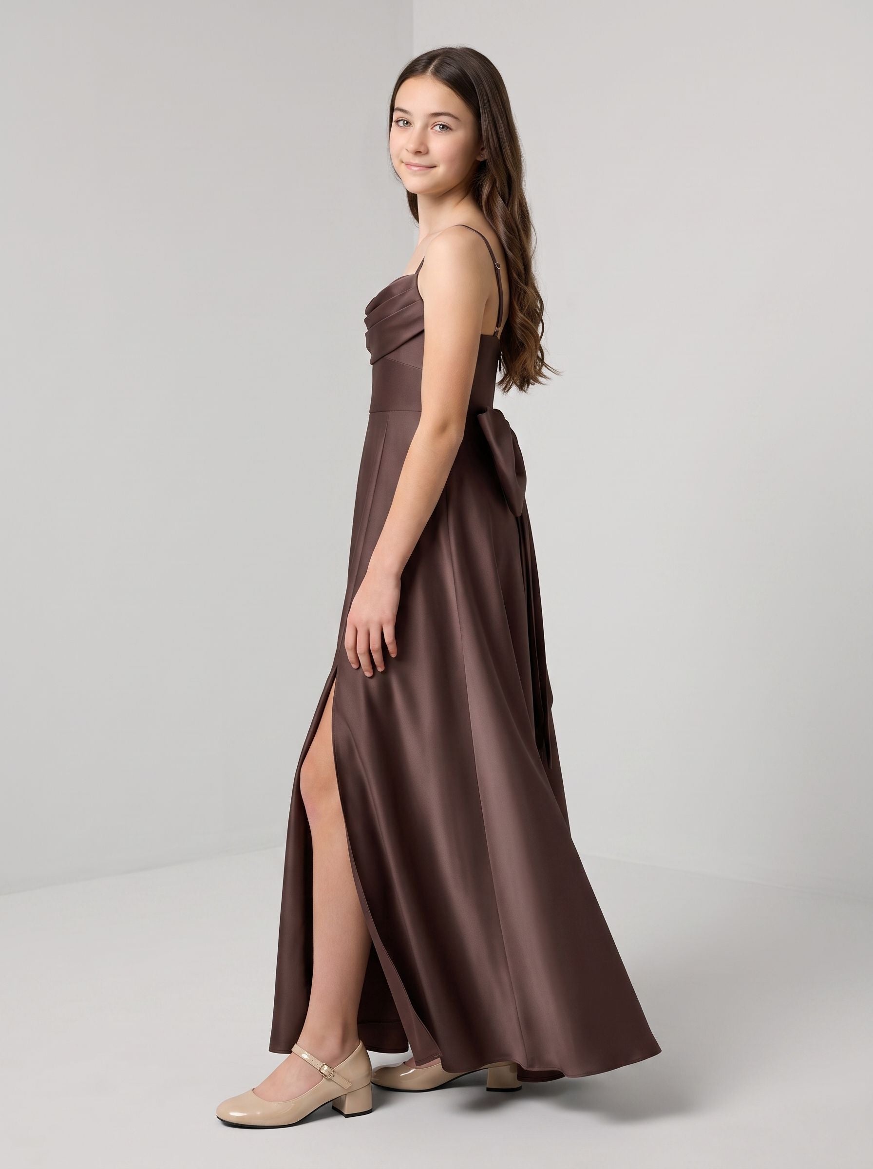 Espresso Satin A-Line Sweetheart Back Zip Floor-Length Dress with Pleated Bodice