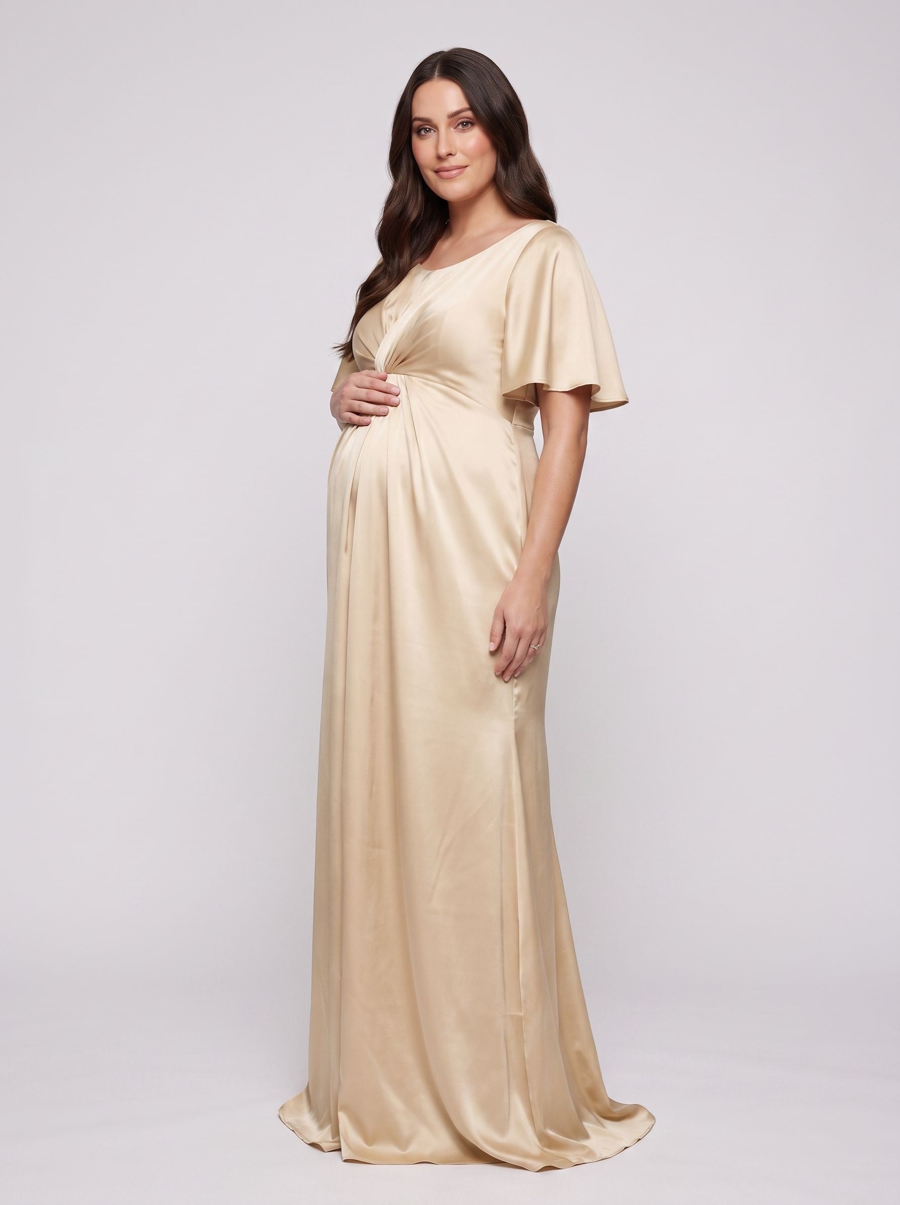 Champagne Satin Empire V-Neck Back Zip Floor-Length Dress with Flutter Sleeves