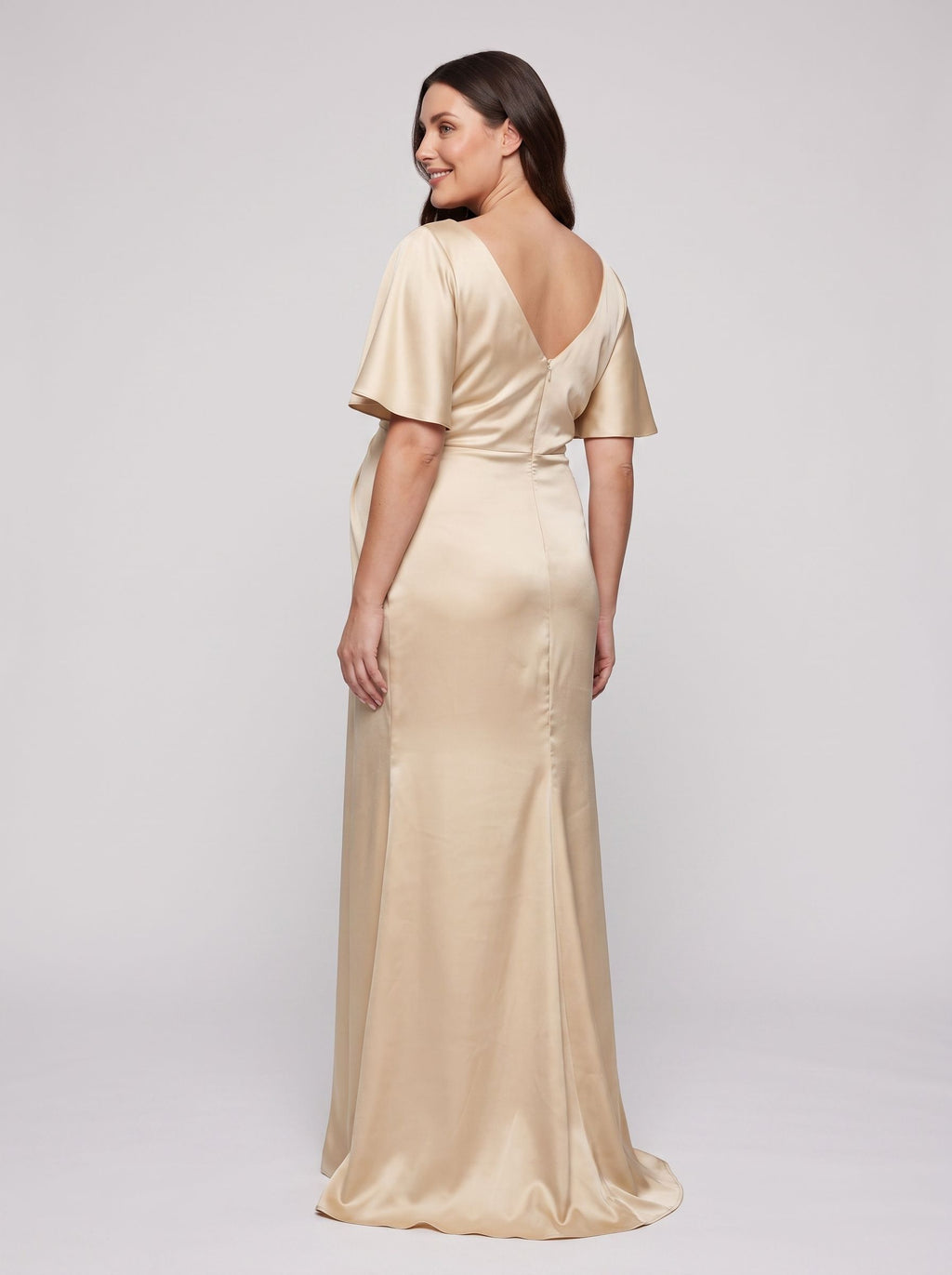 Champagne Satin Empire V-Neck Back Zip Floor-Length Dress with Flutter Sleeves