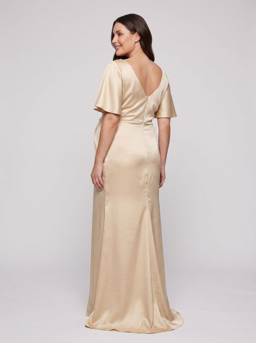 Champagne Satin Empire V-Neck Back Zip Floor-Length Dress with Flutter Sleeves
