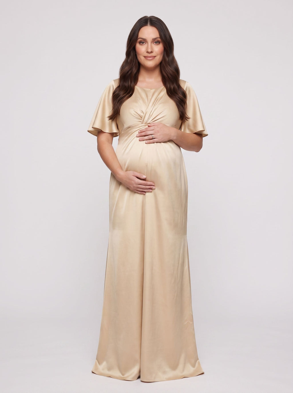 Champagne Satin Empire V-Neck Back Zip Floor-Length Dress with Flutter Sleeves