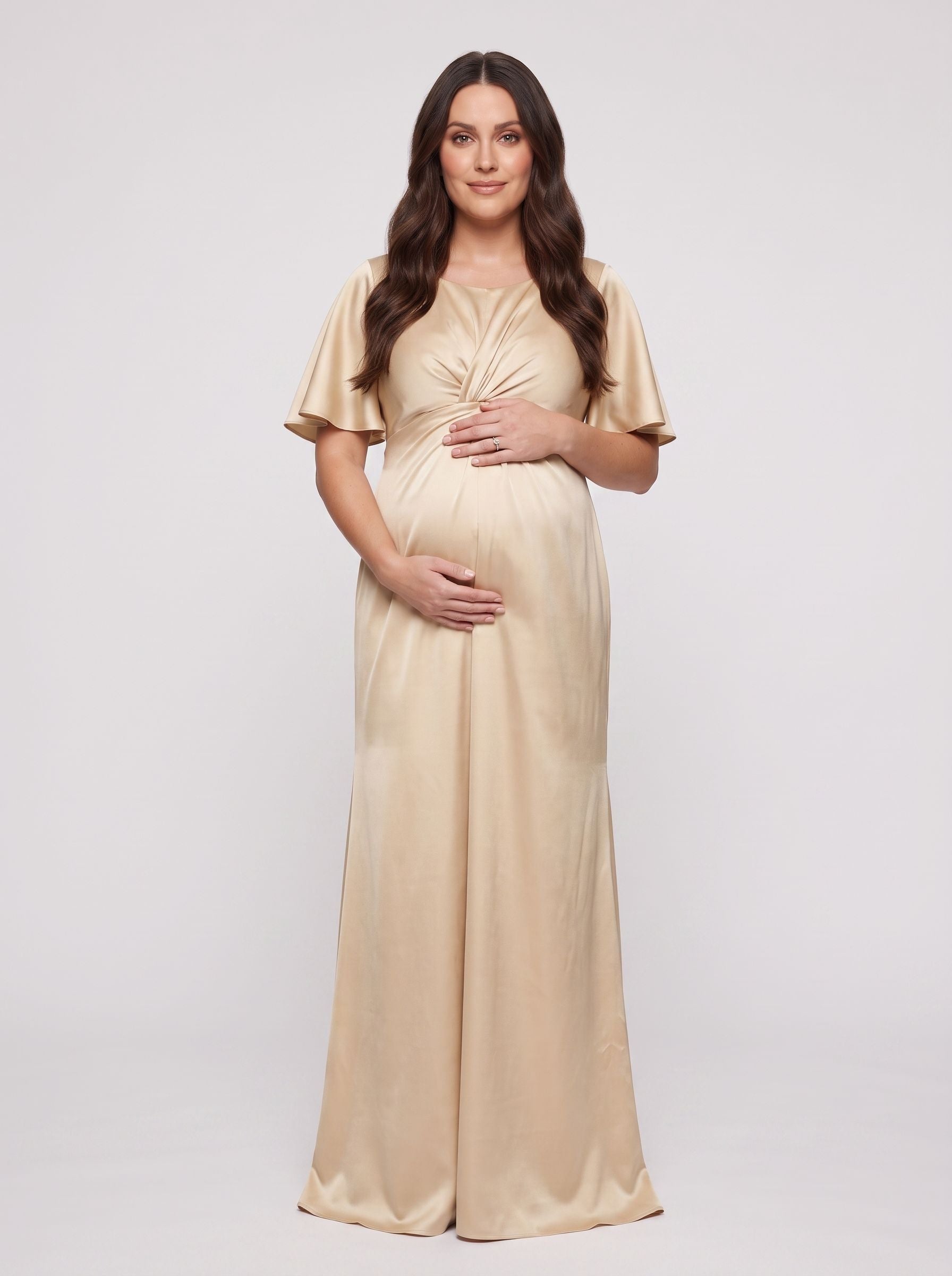 Champagne Satin Empire V-Neck Back Zip Floor-Length Dress with Flutter Sleeves
