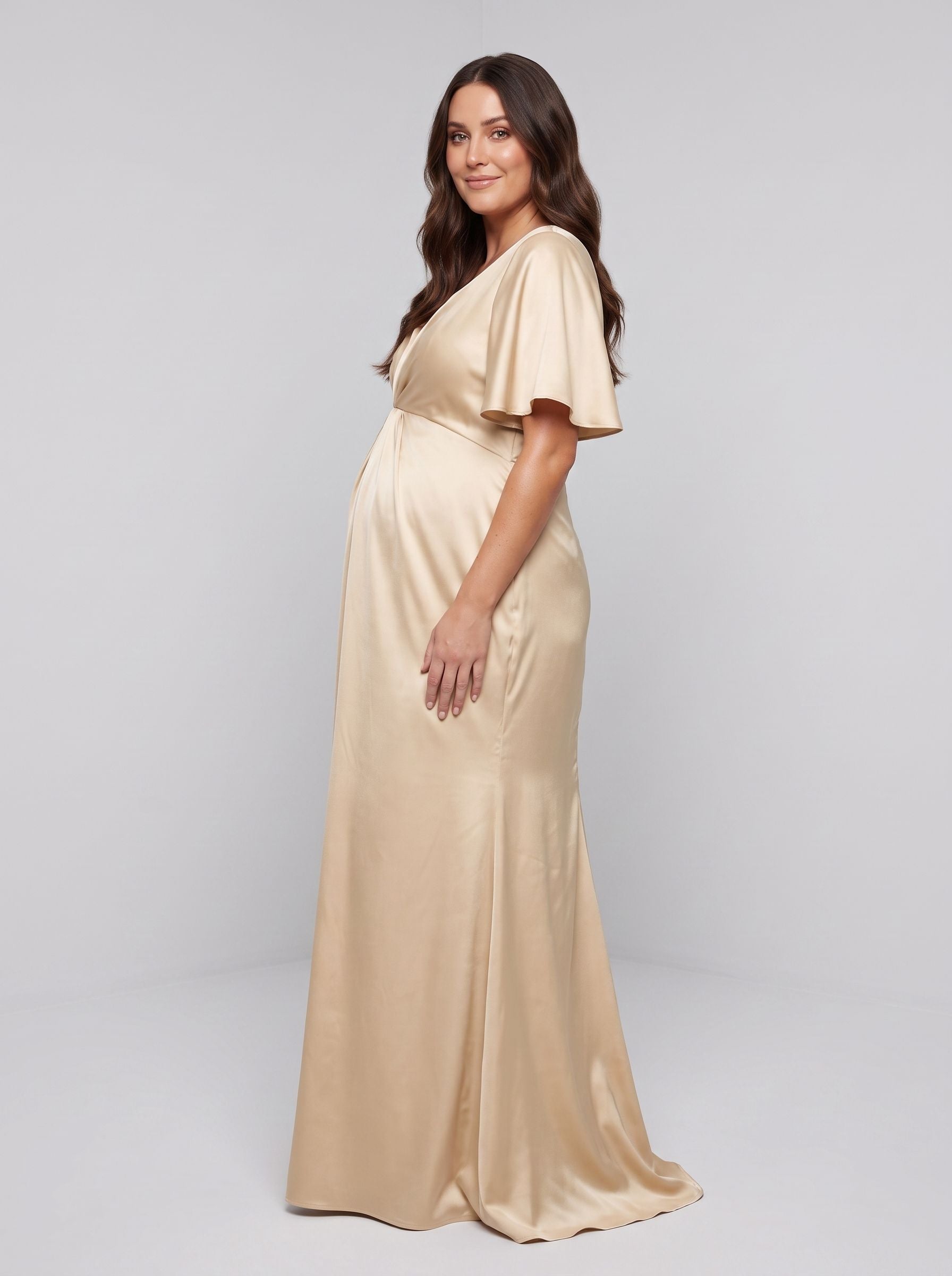 Champagne Satin Empire V-Neck Back Zip Floor-Length Dress with Flutter Sleeves