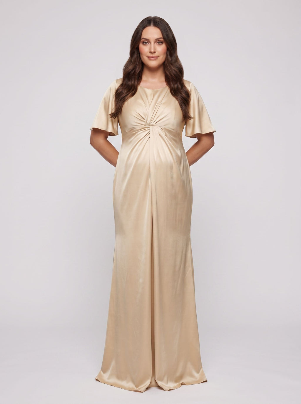 Champagne Satin Empire V-Neck Back Zip Floor-Length Dress with Flutter Sleeves