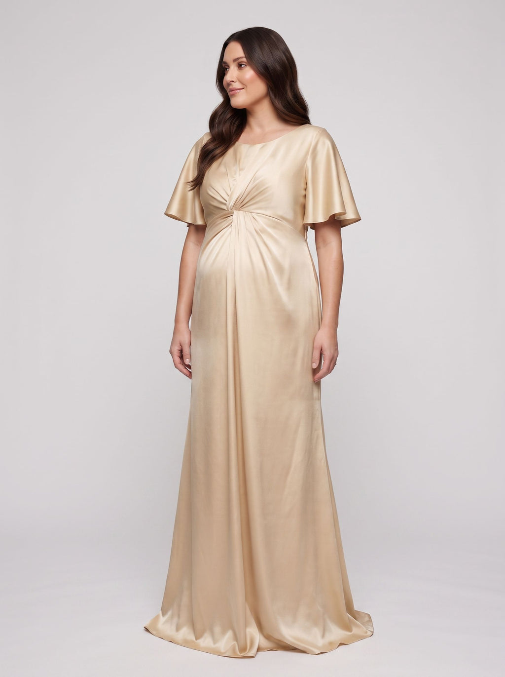 Champagne Satin Empire V-Neck Back Zip Floor-Length Dress with Flutter Sleeves