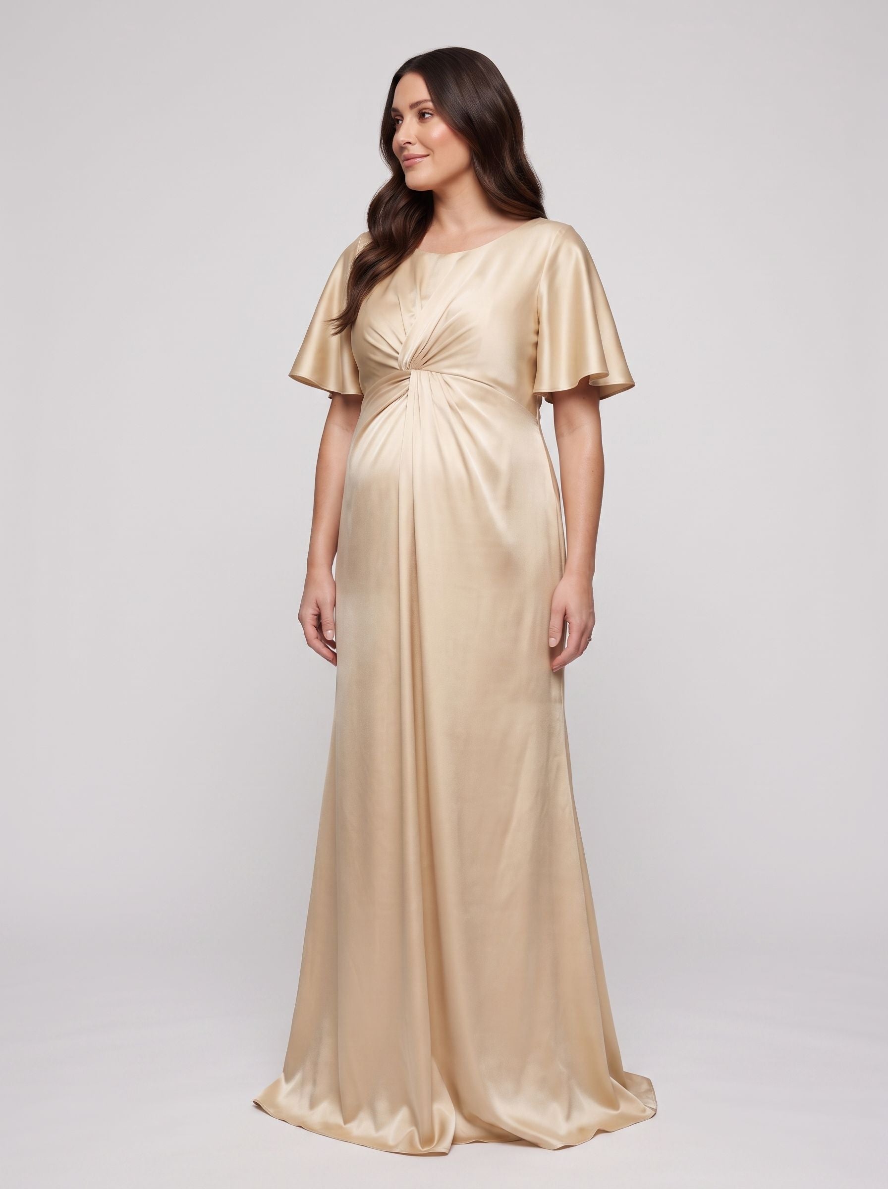 Champagne Satin Empire V-Neck Back Zip Floor-Length Dress with Flutter Sleeves
