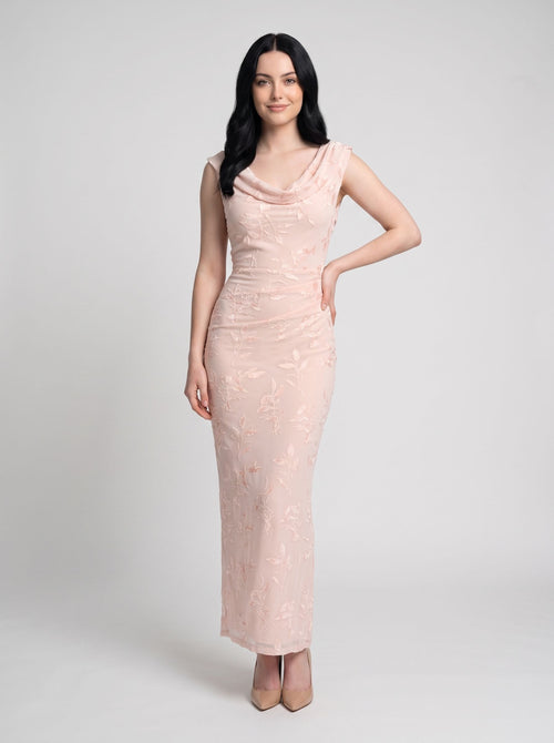 Blushing Pink Chiffon Sheath Cowl Neck Side Zip Floor-Length Dress with Flocked Floral Texture