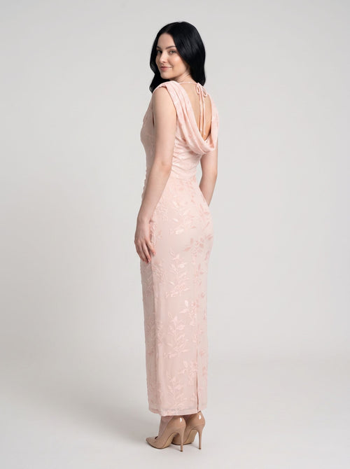 Blushing Pink Chiffon Sheath Cowl Neck Side Zip Floor-Length Dress with Flocked Floral Texture
