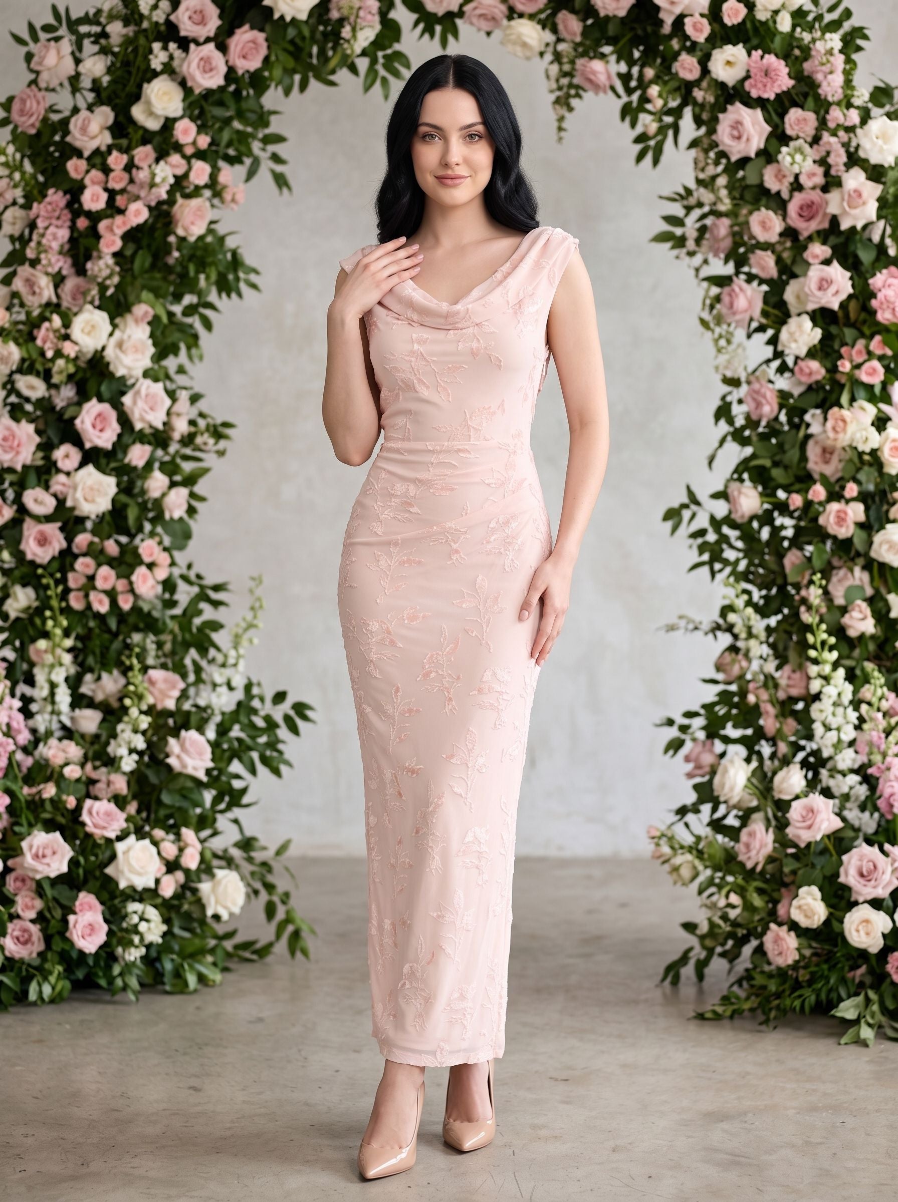 Blushing Pink Chiffon Sheath Cowl Neck Side Zip Floor-Length Dress with Flocked Floral Texture