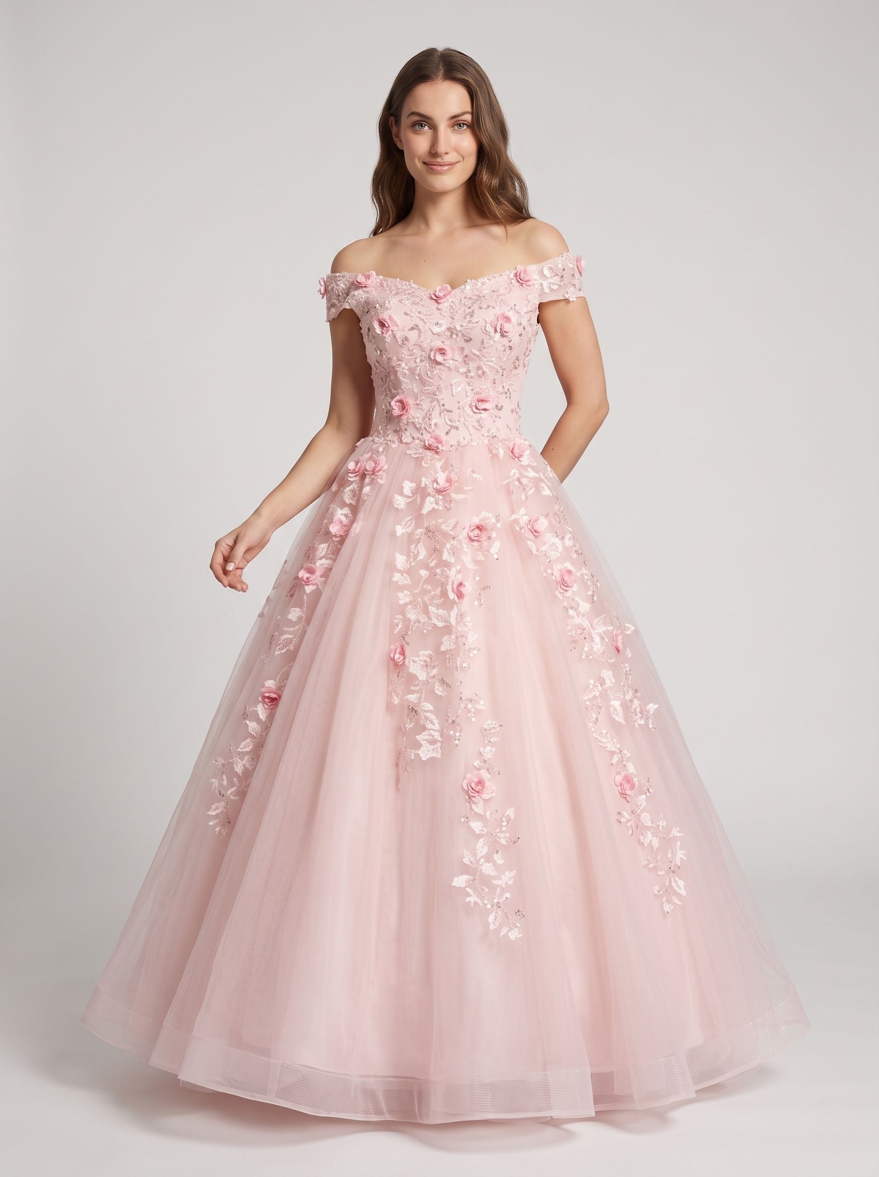 Floral Print Tulle A-Line Off-the-Shoulder Criss-Cross Straps Floor-Length Dress with Pleated Bodice