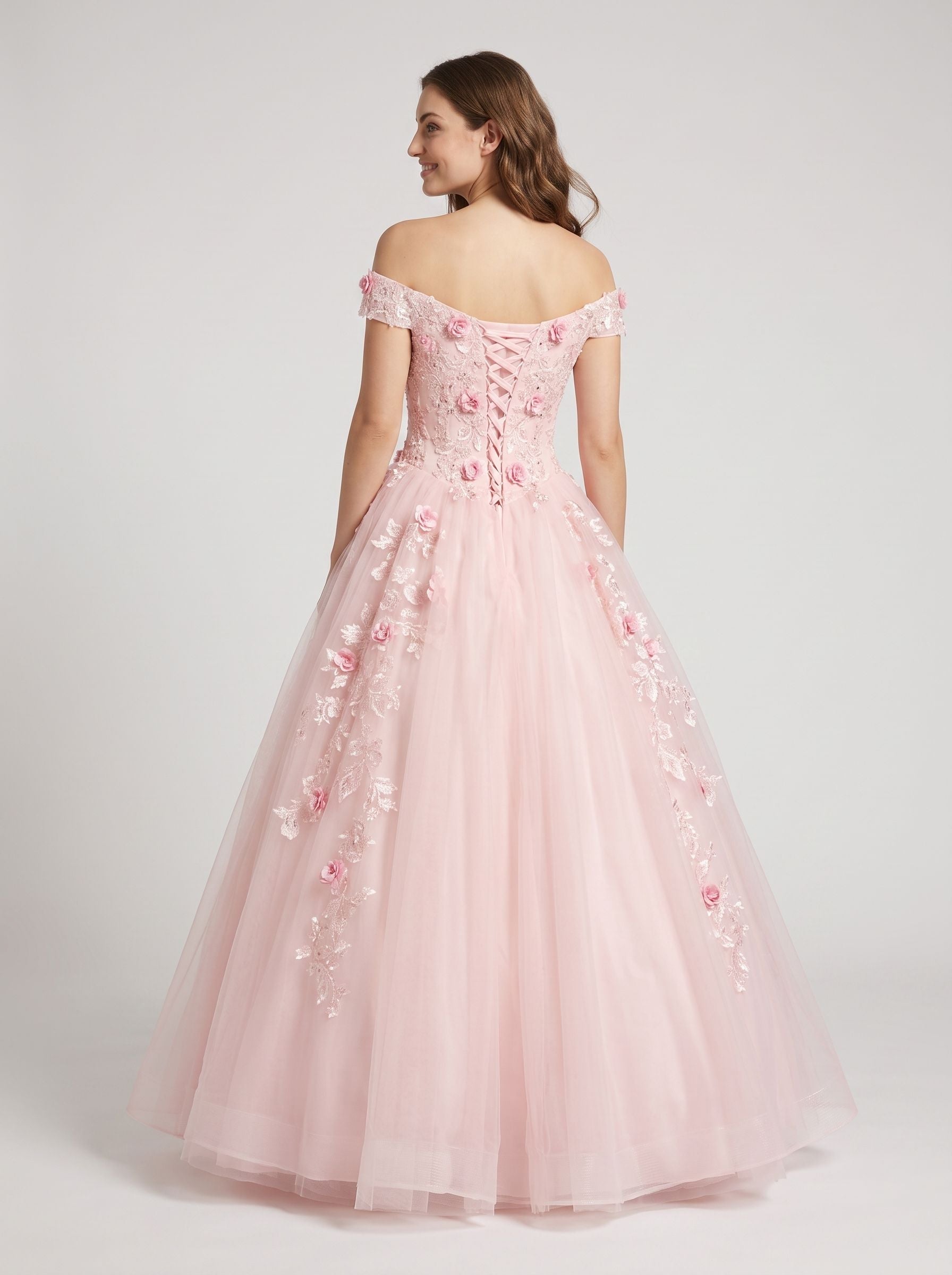 Floral Print Tulle A-Line Off-the-Shoulder Criss-Cross Straps Floor-Length Dress with Pleated Bodice