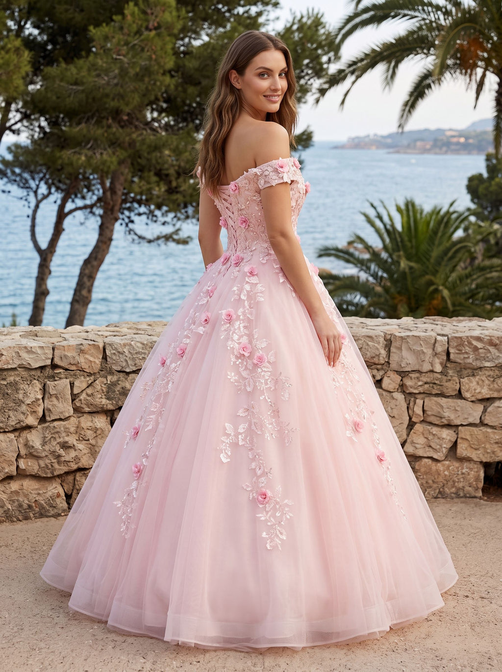 Floral Print Tulle A-Line Off-the-Shoulder Criss-Cross Straps Floor-Length Dress with Pleated Bodice