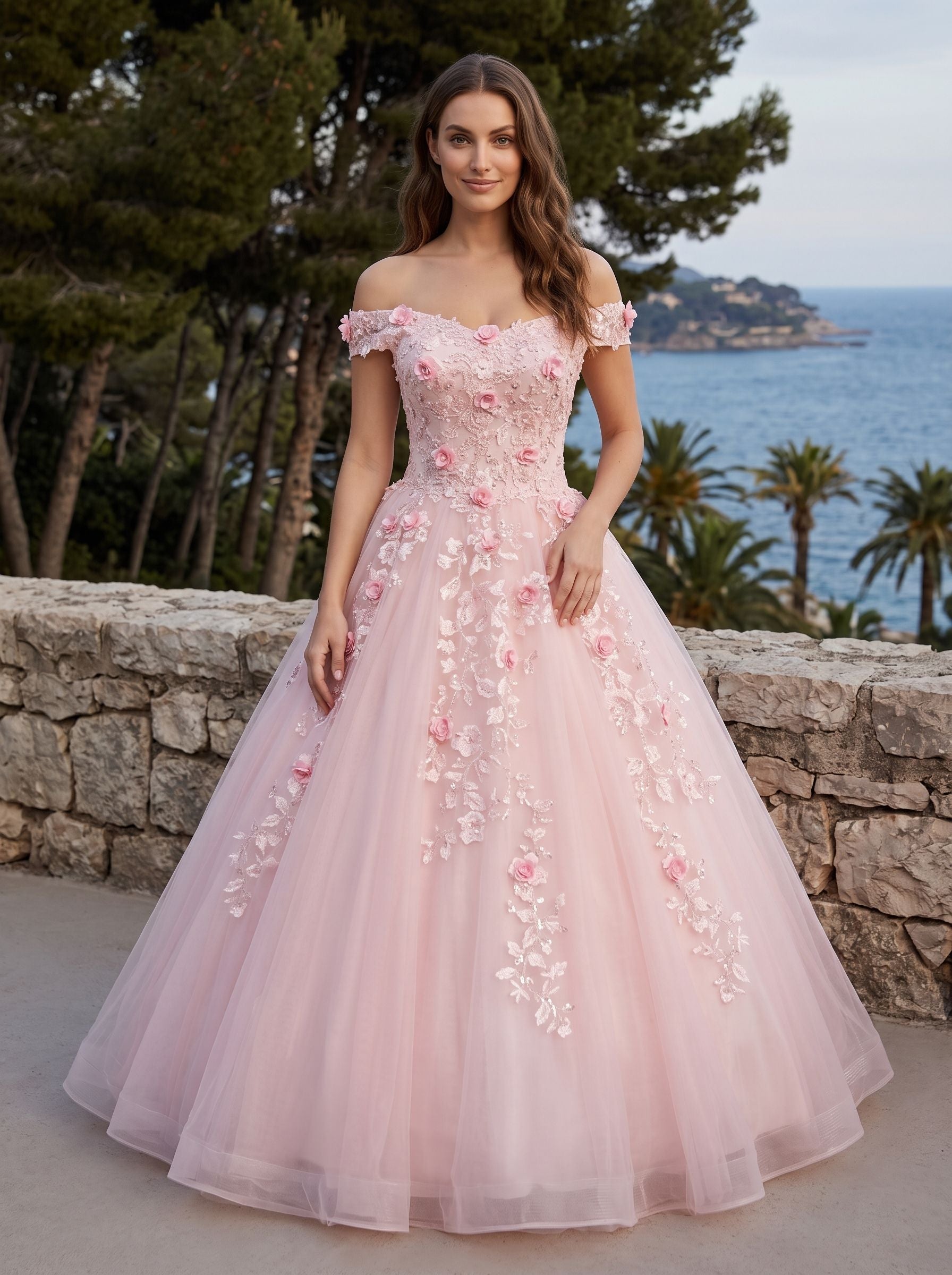 Floral Print Tulle A-Line Off-the-Shoulder Criss-Cross Straps Floor-Length Dress with Pleated Bodice