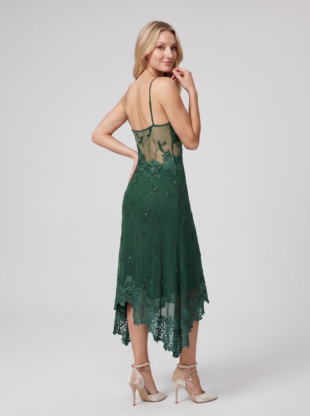 Forest Green Chiffon column V-Neck Backless Short Dress with Beaded Lace