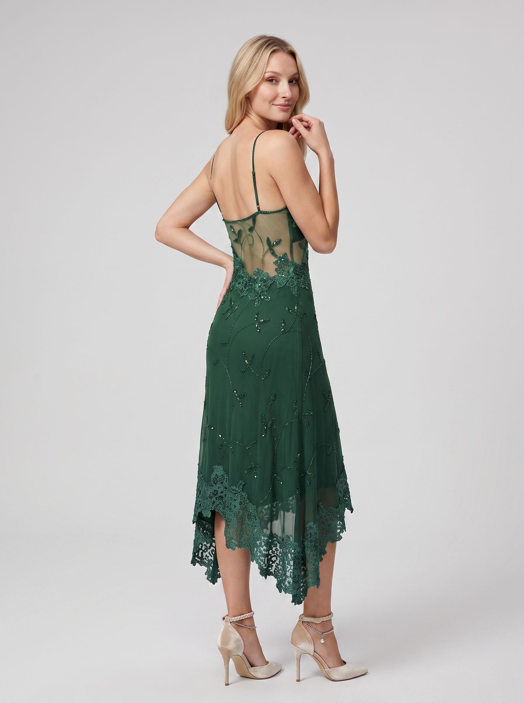 Forest Green Chiffon column V-Neck Backless Short Dress with Beaded Lace